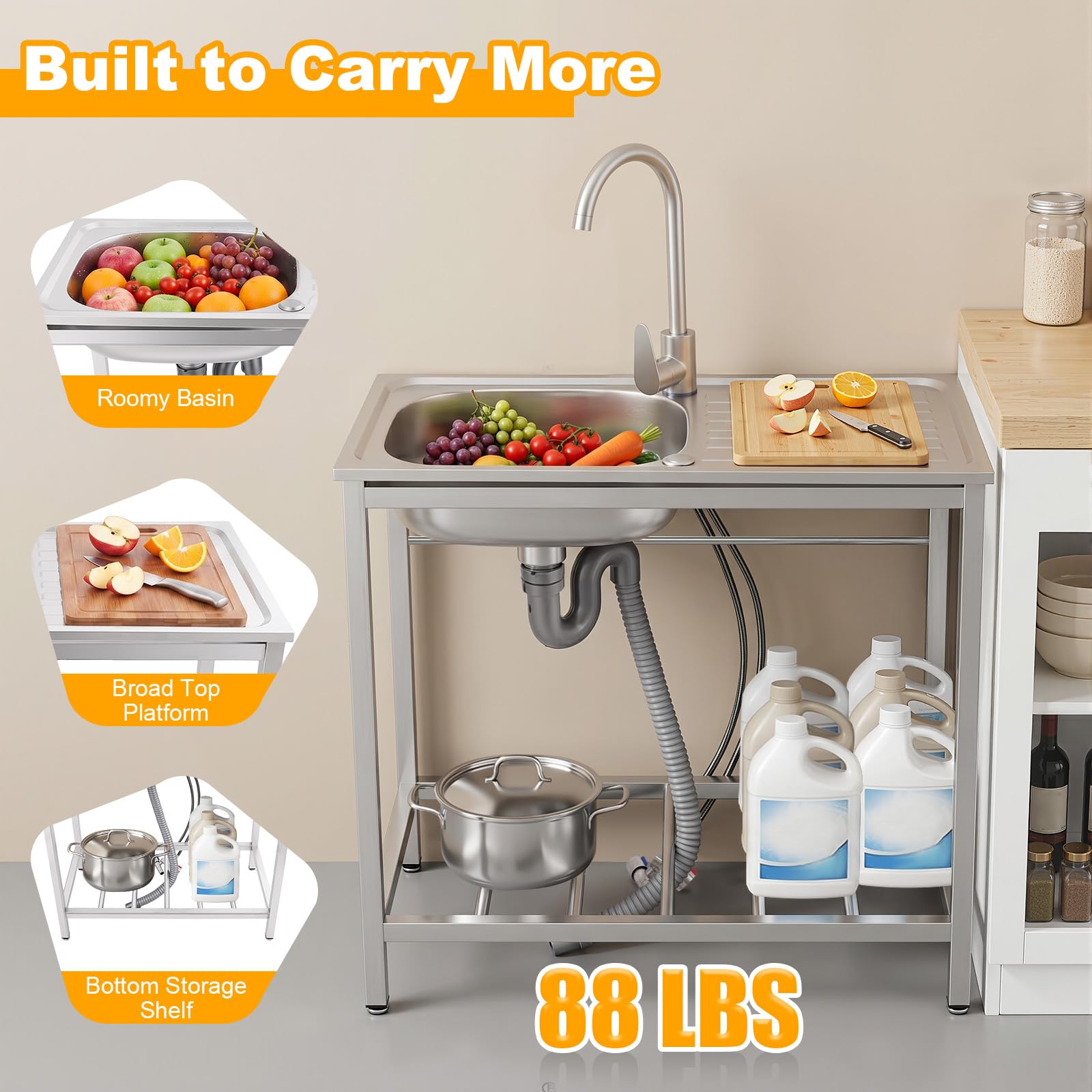 Fregadero independiente de acero inoxidable con grifo, fregadero de cocina para exteriores con encimera, 75 x 40 x 75 cm, lavabo profundo, patas ajustables en altura, para jardín, terraza, camping