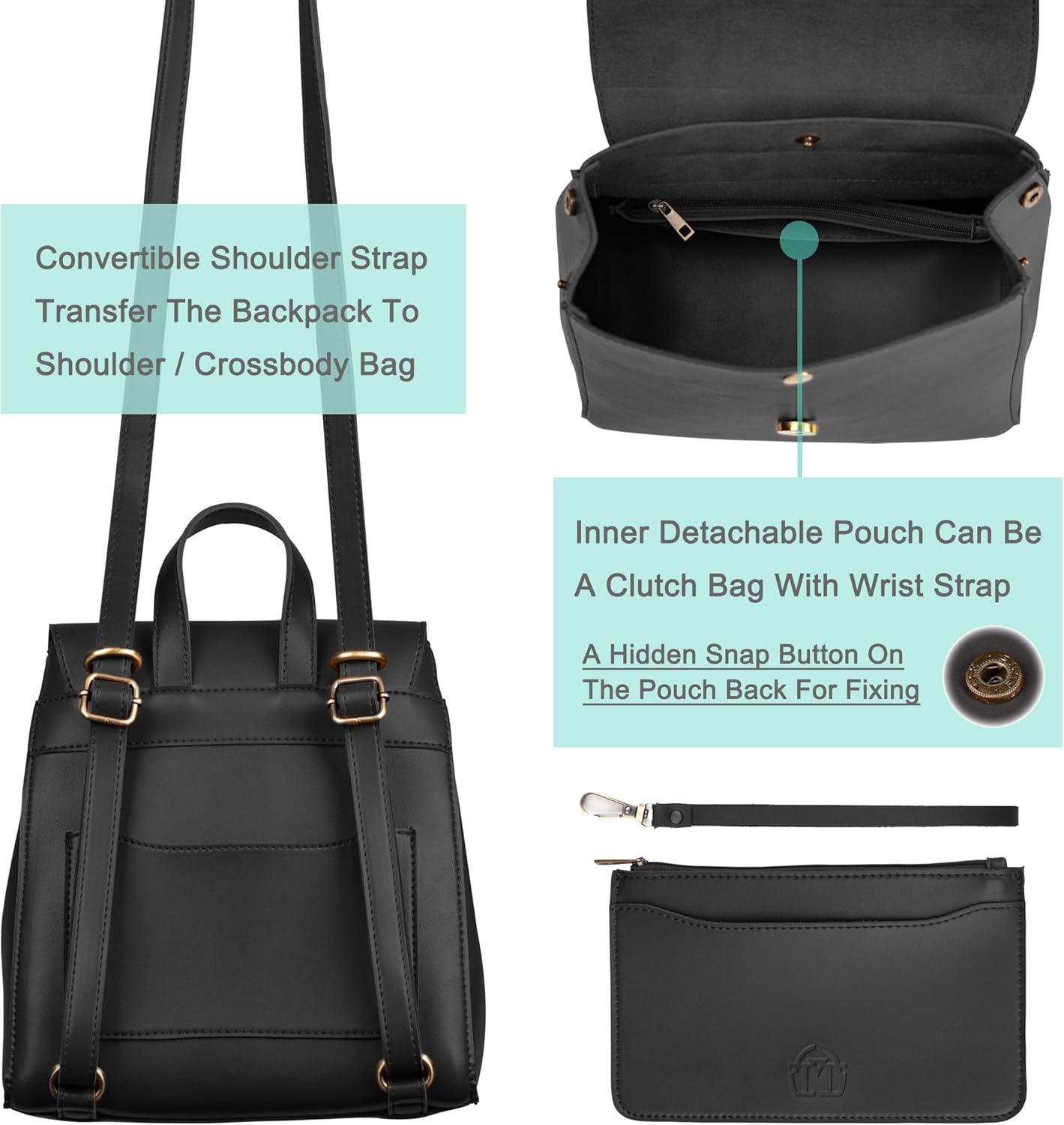 SUNLIGHT LEAVES Simple Vegan Leather Flap 3 Way Convertible Backpack For Women Classic Vintage Faux Leather Fashion Daypack (Black) - Image 4