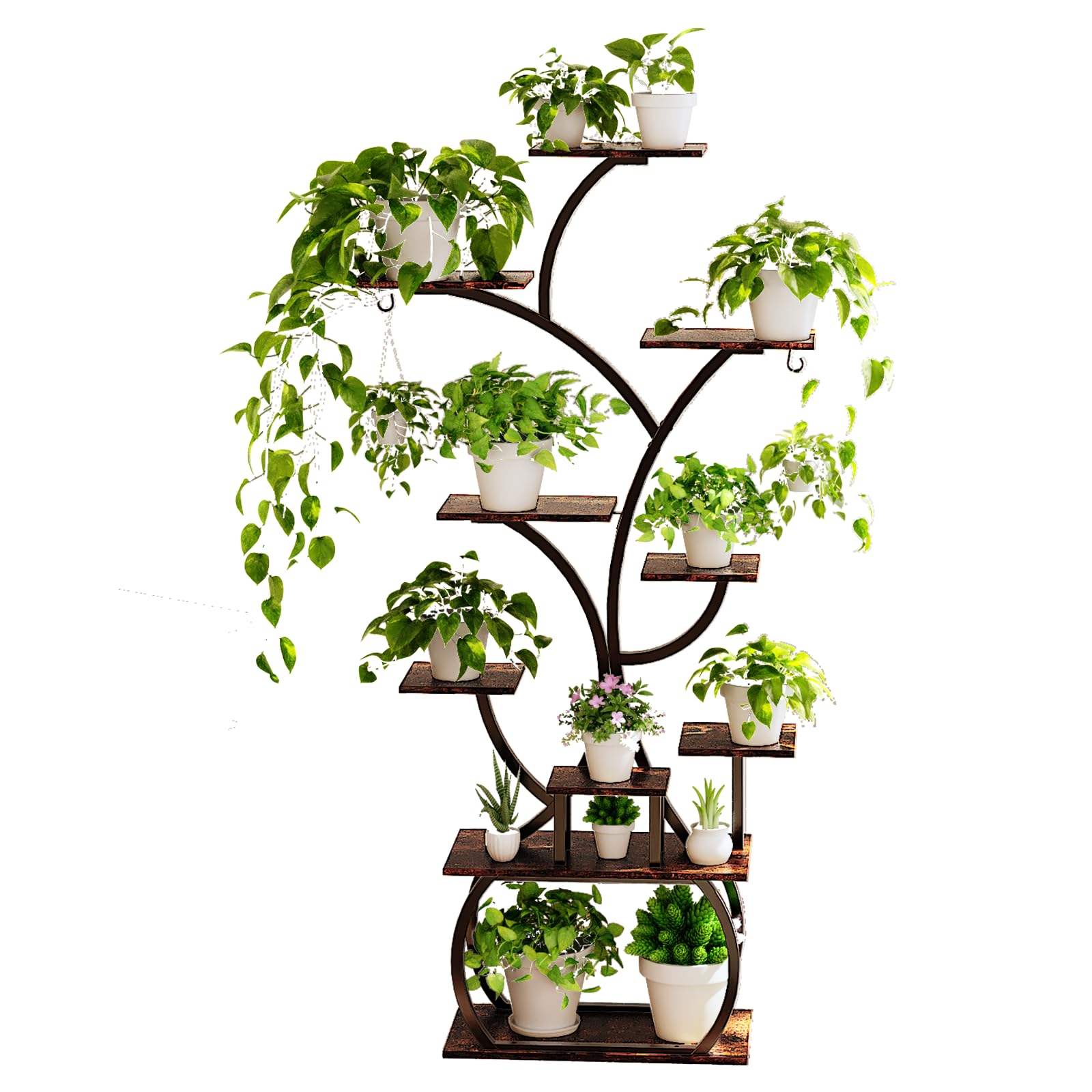 LEADZM Support plantes interieur avec lampes de croissance, étagère à 10 niveaux, en métal, grande étagère de présentation pour plantes, pour la maison, la terrasse (Noir, Forme d'arbre)