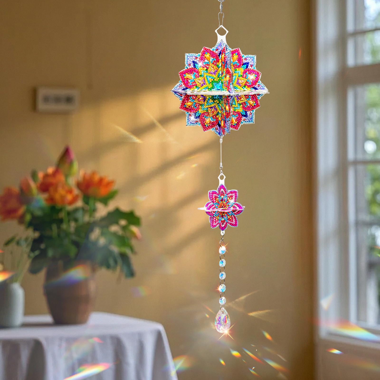 Mandala DIY akrylowe malowanie diamentowe dzwonki wietrzne z kryształowym wisiorkiem do ogrodu i domu