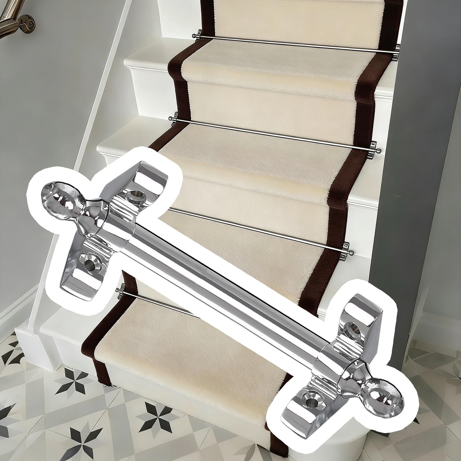 asdchZen Silver Stair Carpet Runner Rod Set With Round Finials & Tubular Bracketsstall Tension Rods For Secure Stair Treads,IPWE09477-1pcs-102cm(40in)