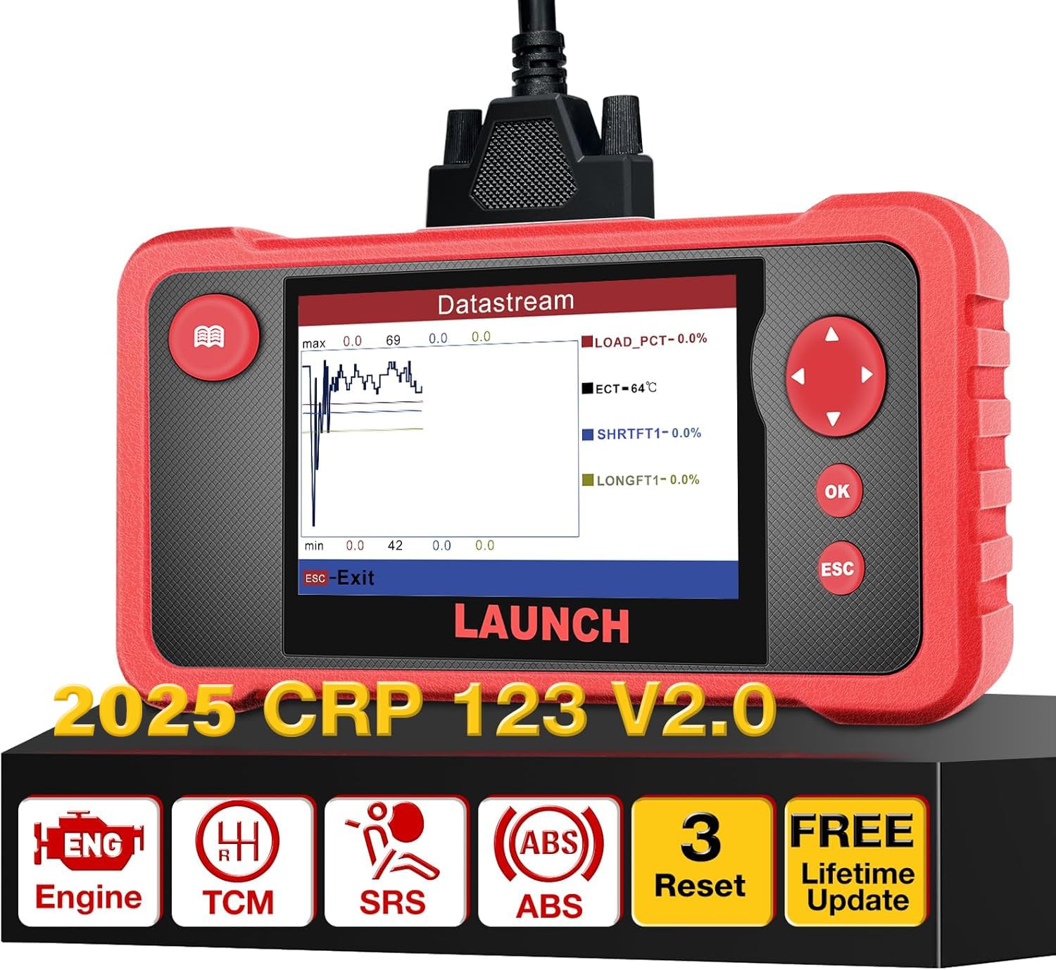 LAUNCHCRP123 V2.0 OBD2 Code Reader Scanner for 4 System Engine ABS SRS Transmission Car Diagnostic Tool with 3 Reset Function Oil Reset SAS Reset Throttle Adaptation, Lifetime Update without cost