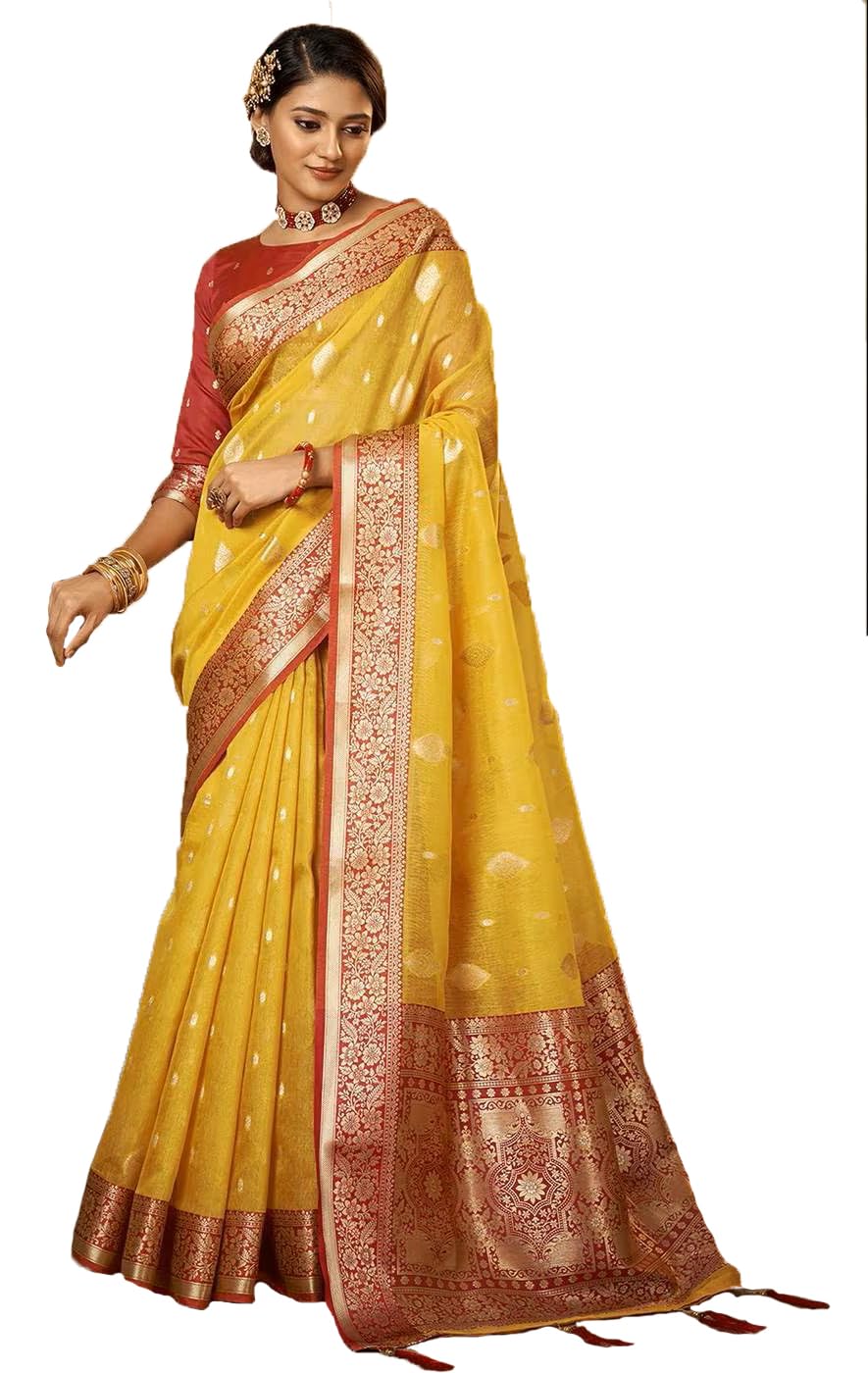 Pujia Mills Women Banarasi Woven Tissue Silk Saree With Zari Butta Work Indian Ethnic Wear Designer Wedding Saree 2025 Woven Golden Zari Border With Rich Pallu Soft Silk Saree Paithni Saree Yellow