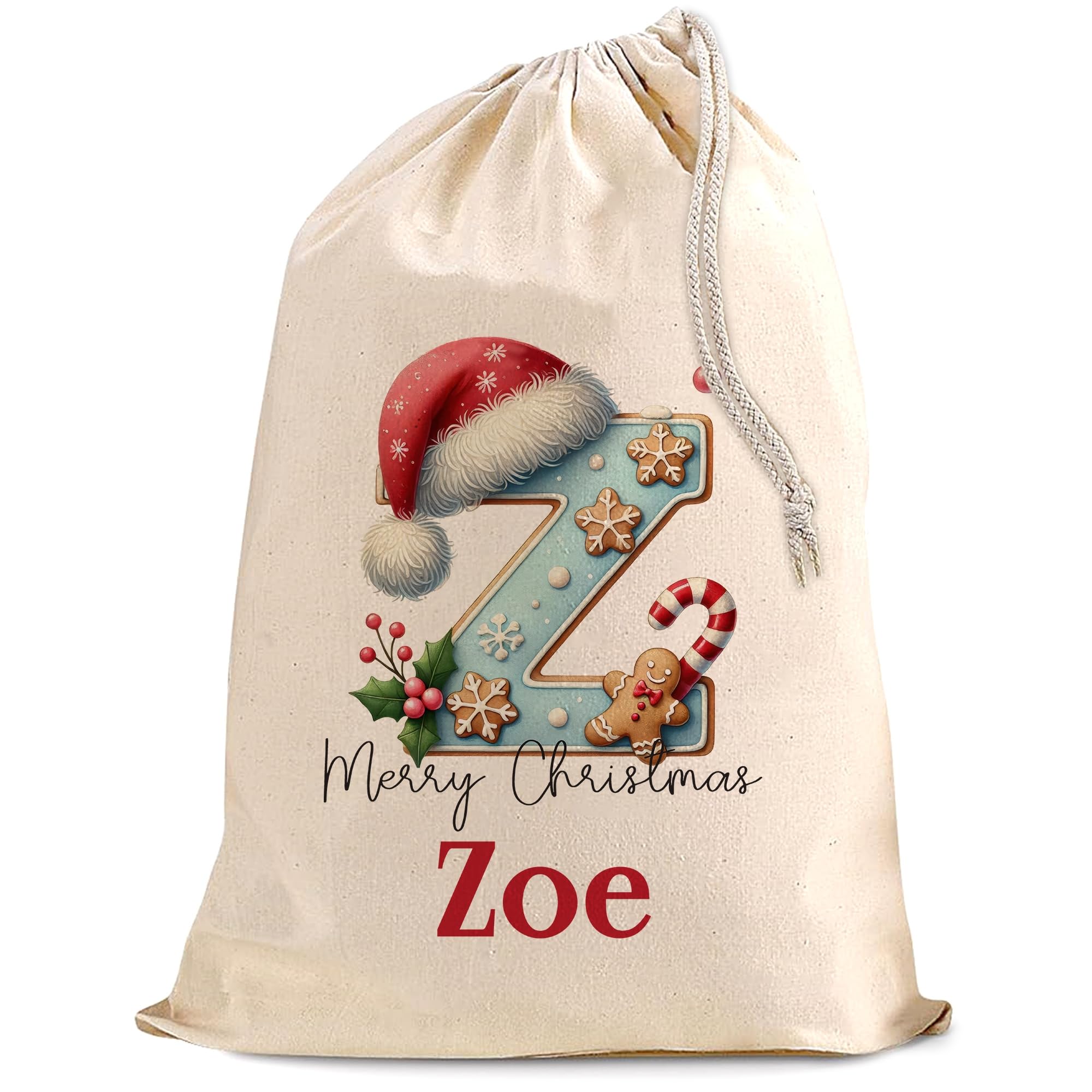 Oriole Design Personalised Christmas Santa Sack - Custom Cotton Gift Bag with Name - Large 50x75cm Holiday Present Sack for Children and Family | Z Letter