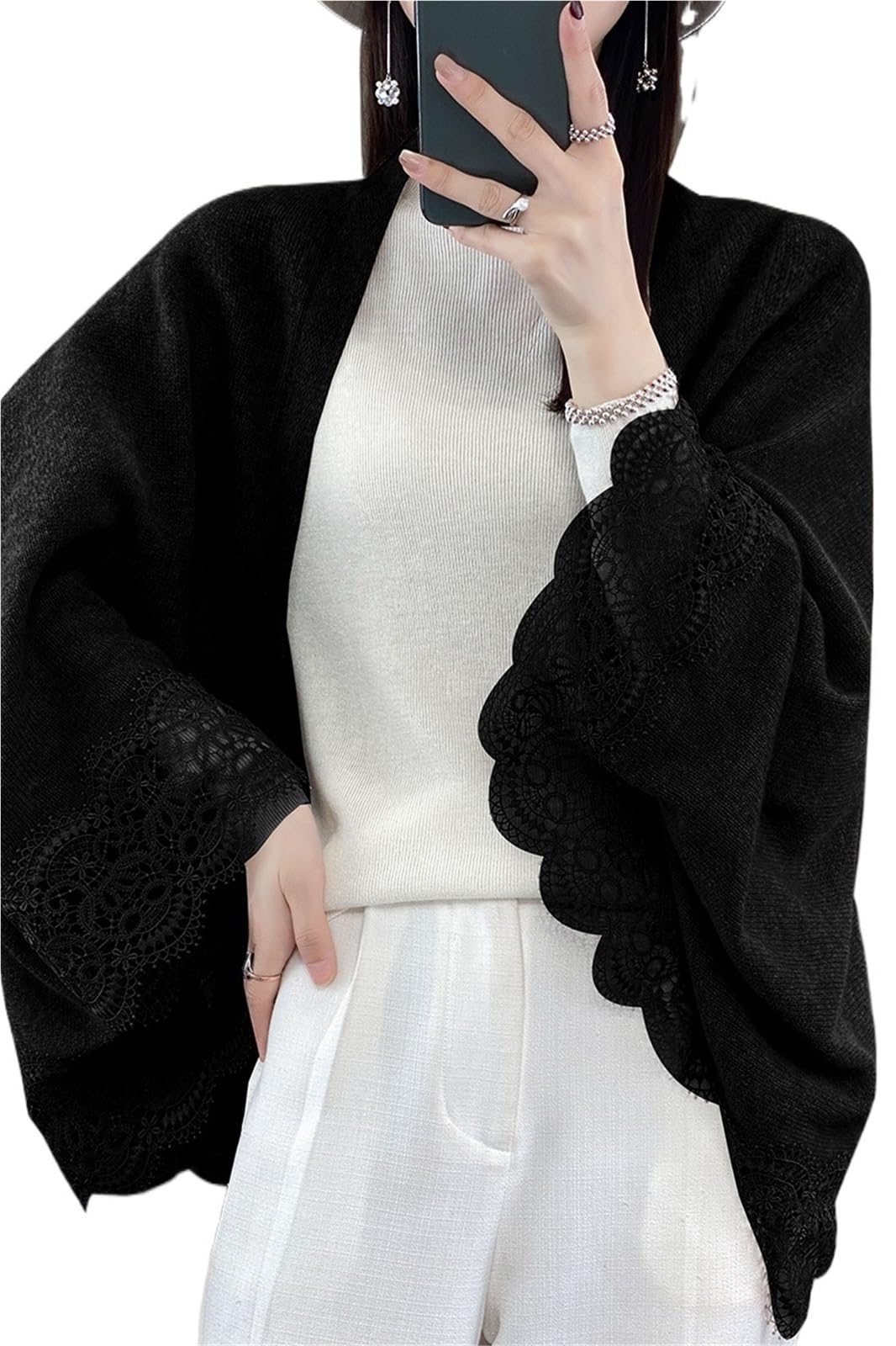 Scialle Donna Scialle Lavorato a Maglia in Lana con Bordo in Pizzo Primavera Autunno Cardigan Sottile da Donna Morbido, Delicato sulla Pelle, Traspirante e alla Moda(Brown)