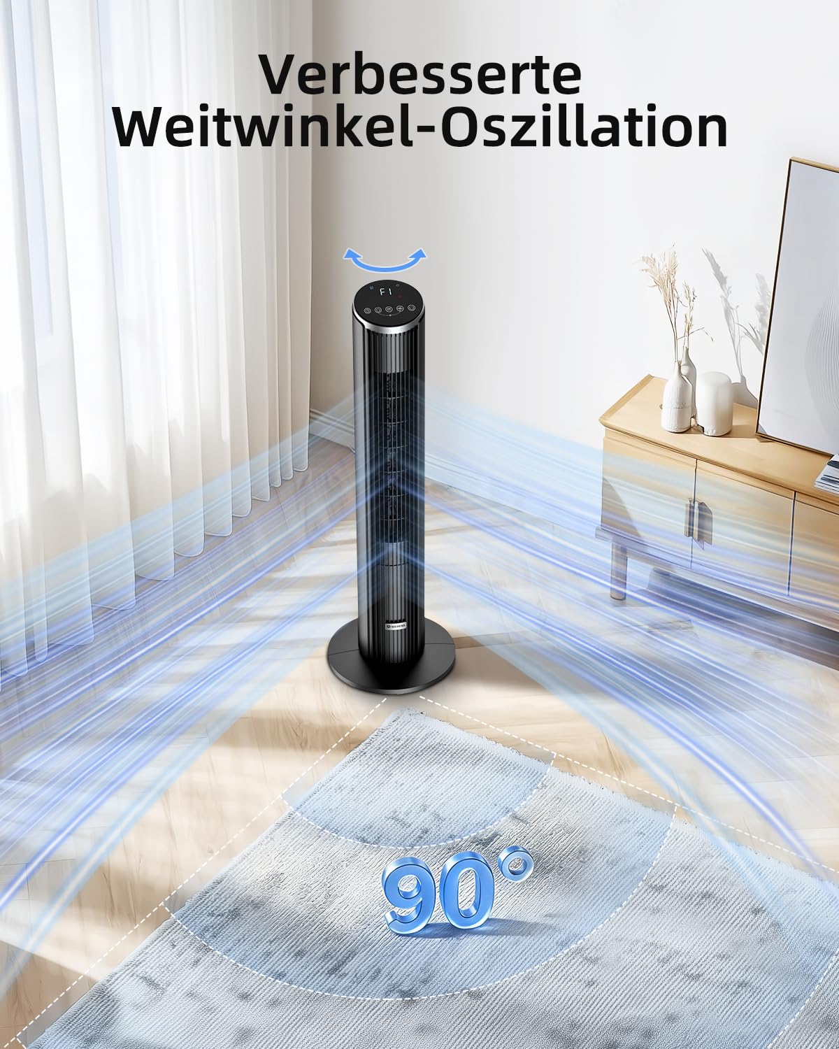 Ateroll Leiser Turmventilator für Schlafzimmer, Standventilator mit Fernbedienung, 90° oszillierend, 4 Geschwindigkeiten 3 Modi 12H Timer LED-Anzeige, 91 cm Elektrischer Kühlventilator, Schwarz