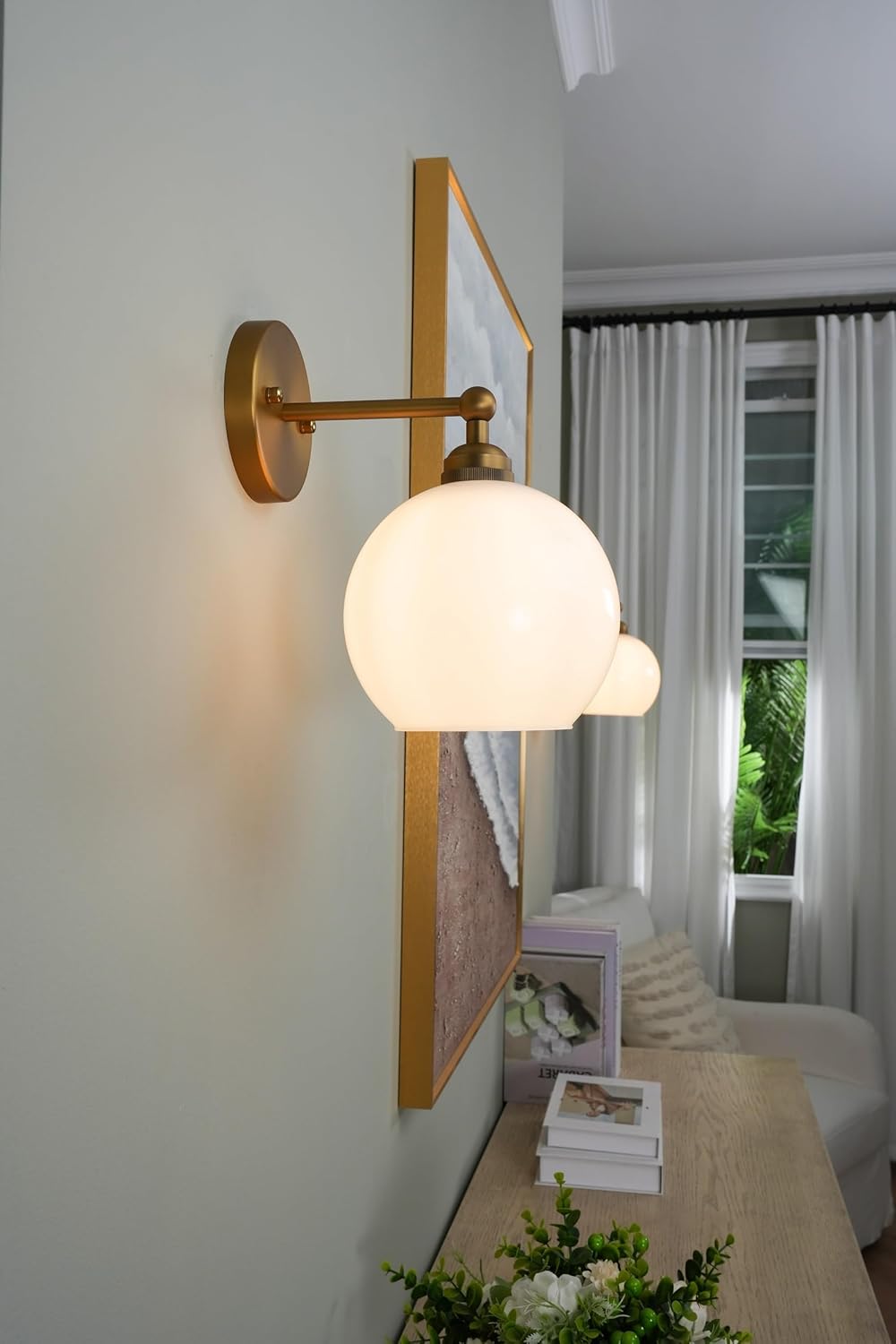 Yosoan Brass Boho Vanity Gold Bathroom Wall Sconce, 1-Light Indoor Hardwired Wall Mounted Vintage Industrial Fixture Lights with White Double Hole Round Glass Lamp for Mirror, Living Room(Antique)