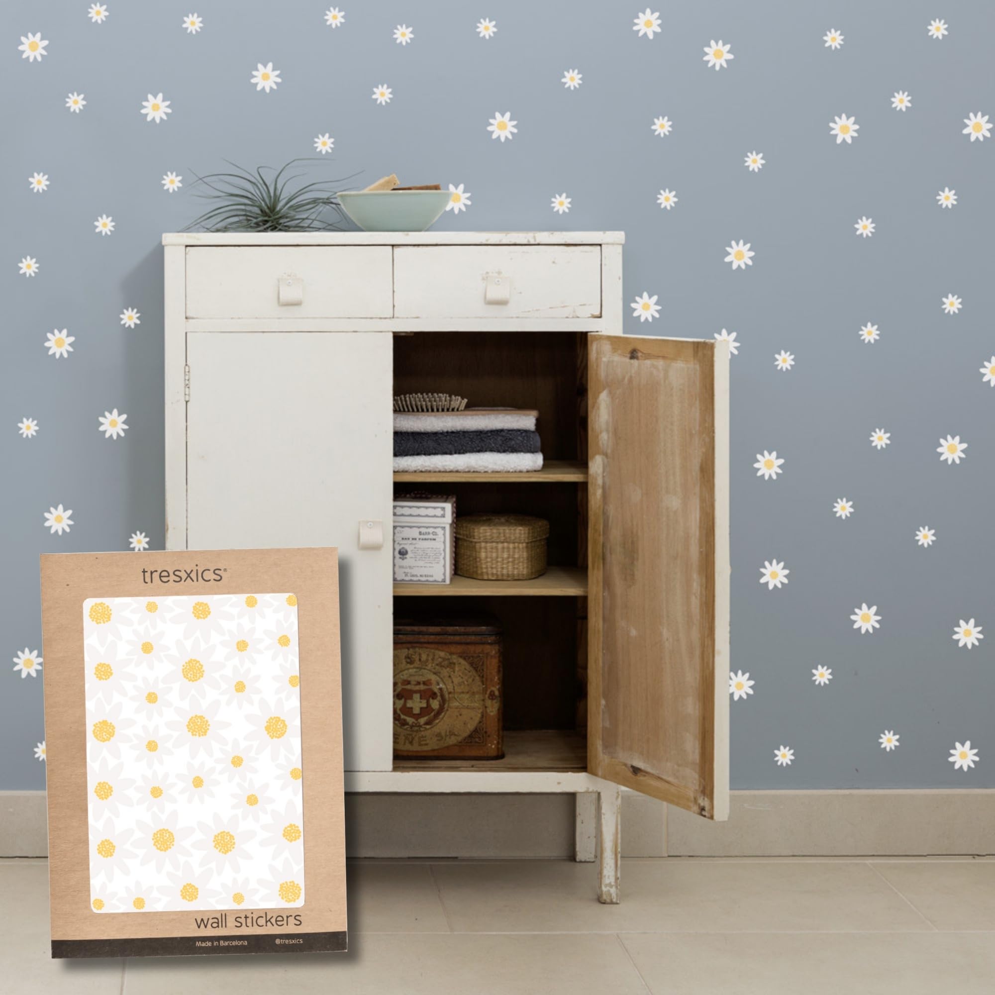 Adesivi Murali Bambini | Adesivi Cameretta Bambino Bimba Fiori | Effetto Carta da Parati Adesiva | Copre 6 m² | 128 pezzi | TRESXICS (Bianco)