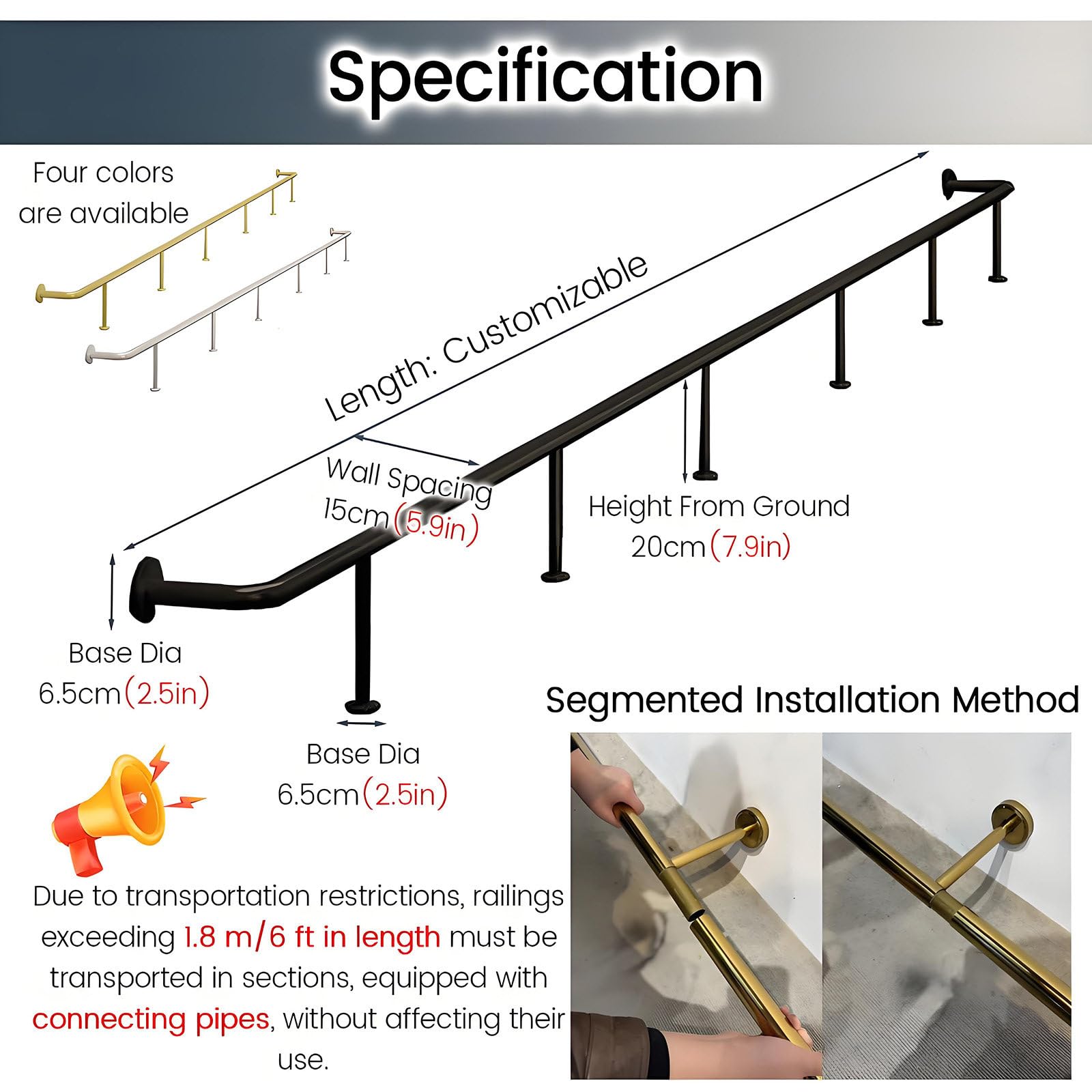 Kit poggiapiedi da Bar, Tubi in Acciaio Inox Spazzolato o Ottone Dorato 300cm/9.8ft(2Section)-Gold