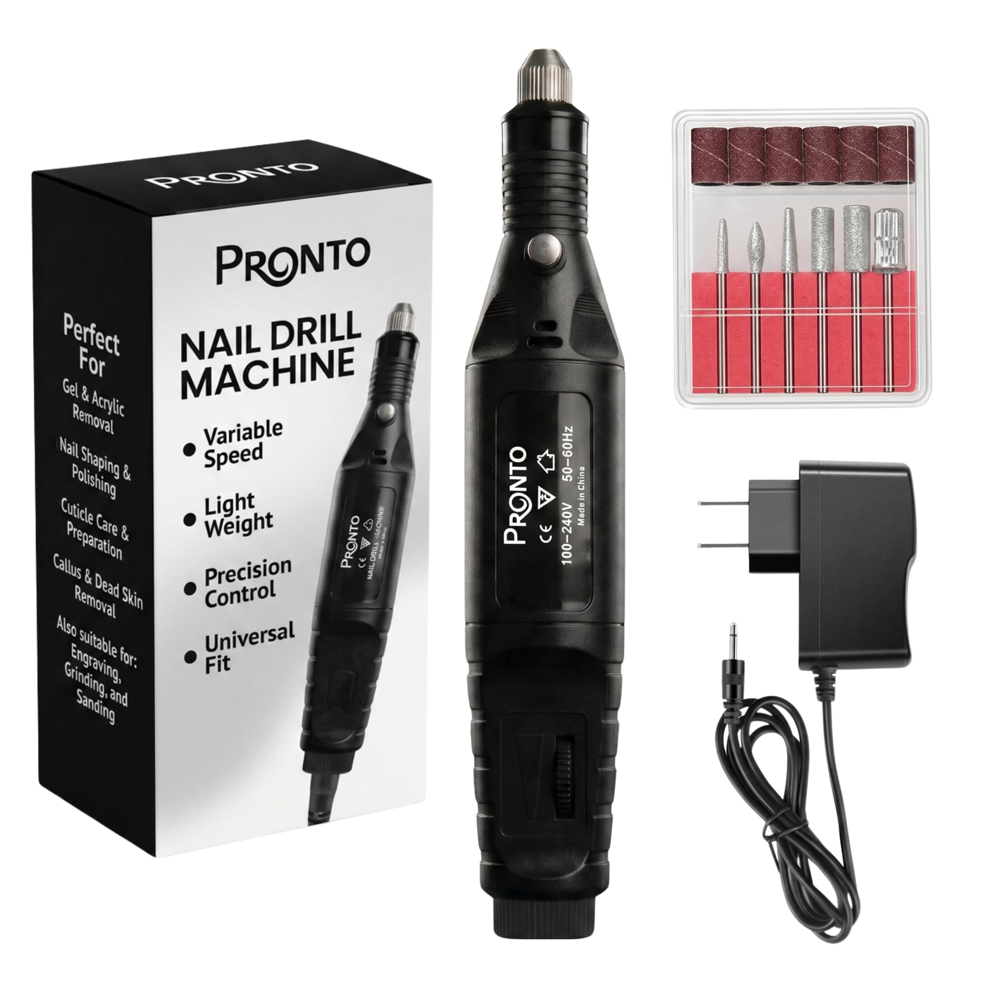 PRONTO Professional Corded Electric Nail Drill Machine Kit | Plug-in Nail Drill (E File) for Acrylic Nails, Gel Polish Removal, Shaping & Buffing with Drill Bits & Sanding Bands