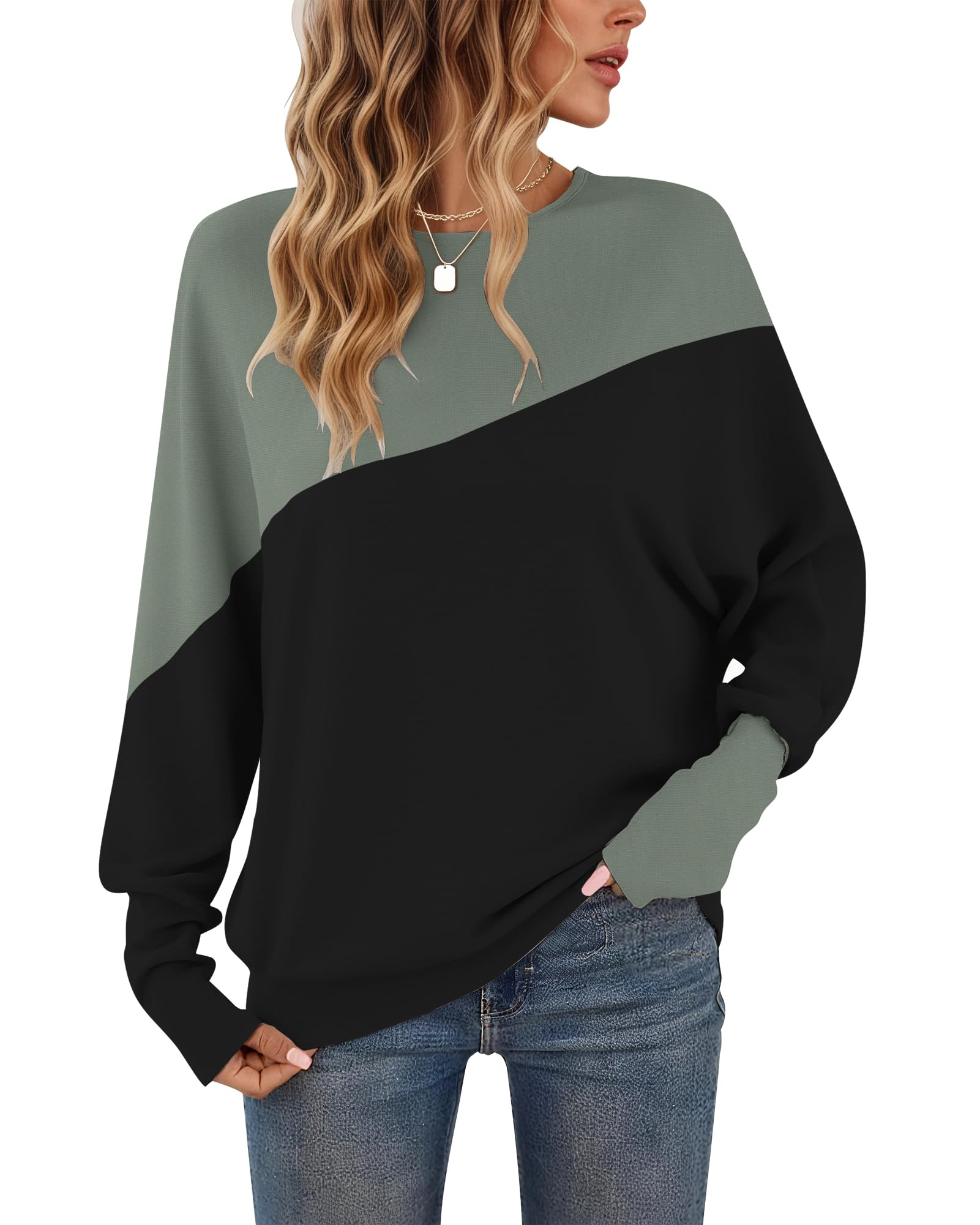 WNEEDU Langarmshirt Damen Rundhalsausschnitt Patchworkfarbe Herbst Sweatshirt Enge Manschetten Pullover Damen Schwarz Grün S