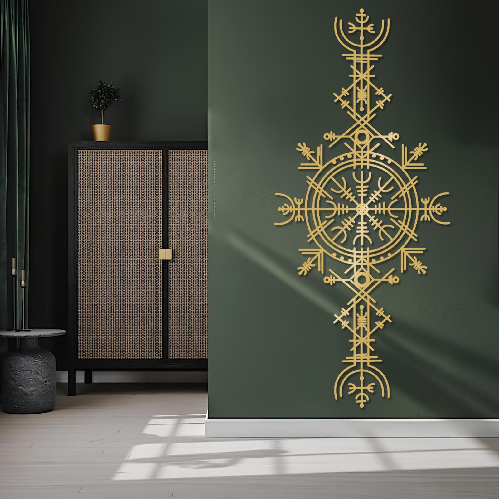 Współczesna abstrakcyjna metalowa dekoracja ścienna, dekoracja wikingów, sztuka Vegvisir, znak staronordycki, koło runiczne z Mjölnir (60 x 135 cm, czarna)