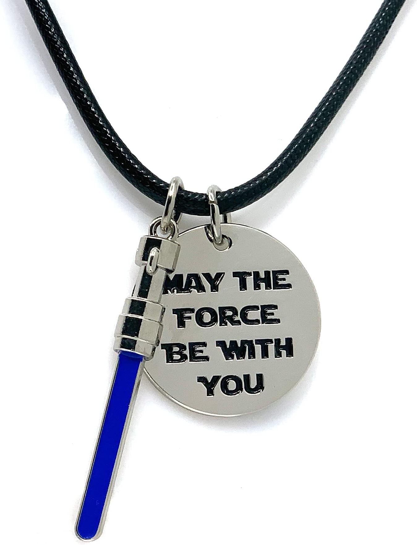 Star Wars Inspired “May the Force Be With You” Necklace Collection – Stainless Steel 1" Pendant with 1.75" Lightsaber Charm, Red/Green/Blue Variations, Unisex Sci-Fi Fan Jewelryith Light Saber Necklaces
