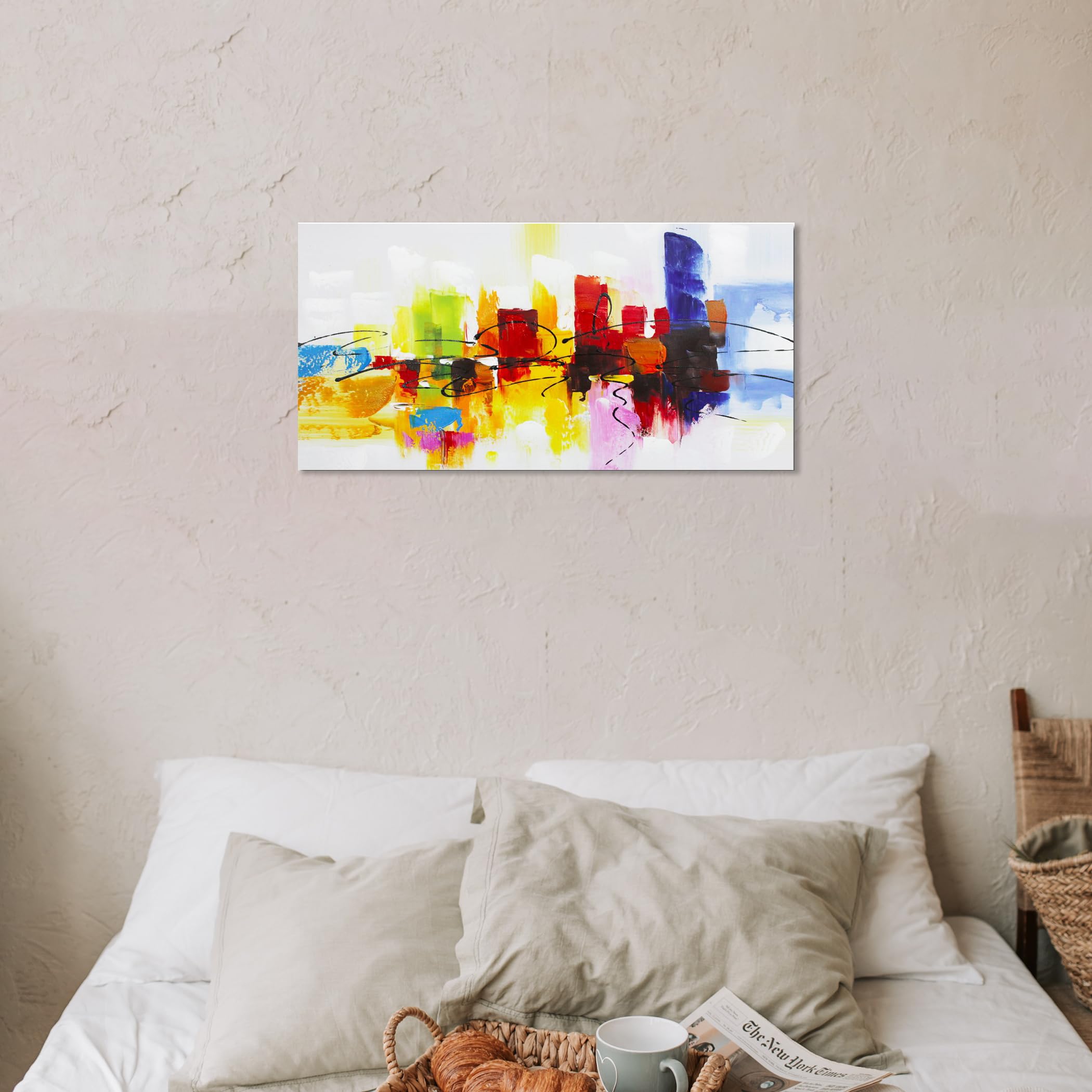 Tableau abstrait peint à la main Fokenzary, toile sur châssis prête à accrocher au mur, couleurs lumineuses, rouge, vert, brun, bleu, Toile, bleu, 20x40in