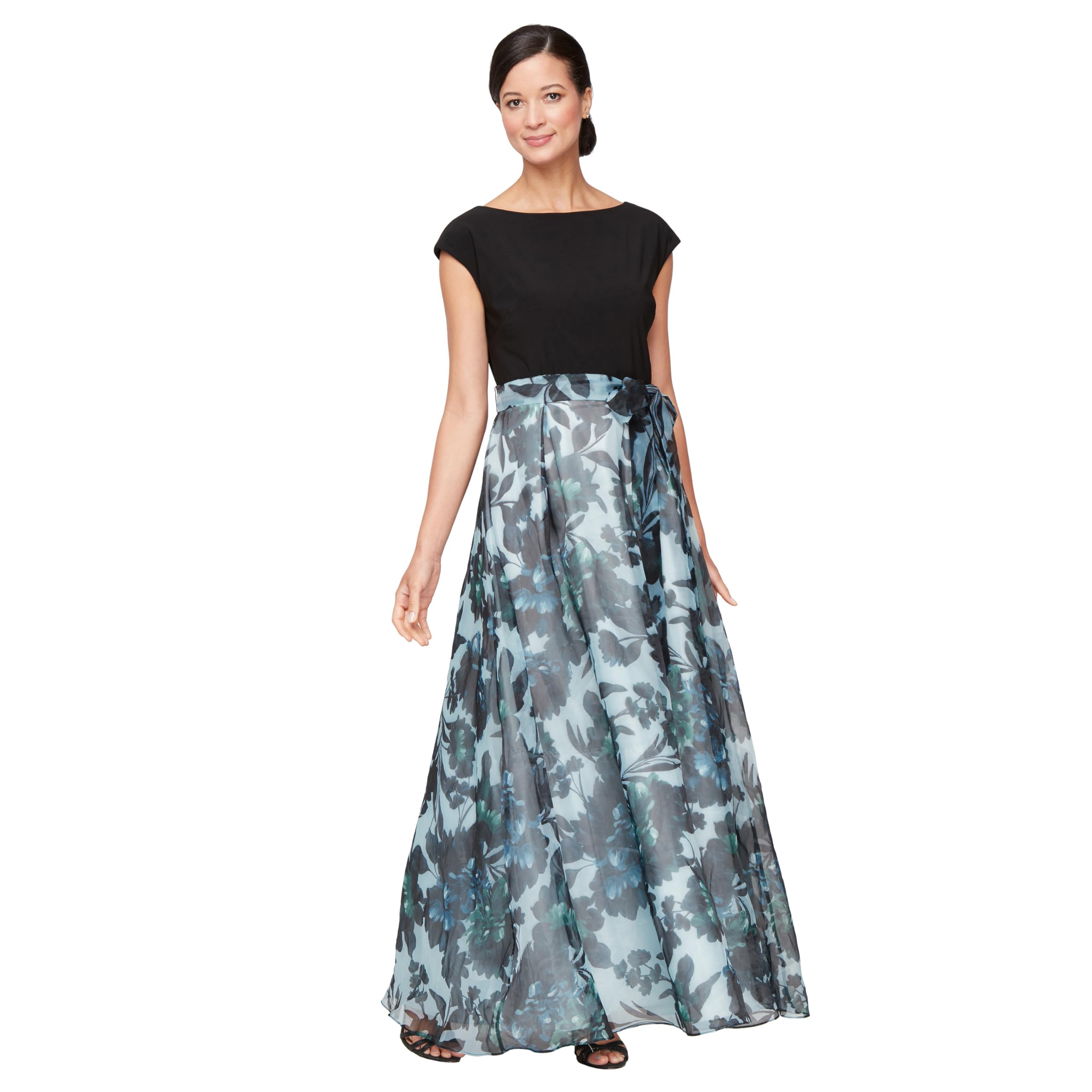 Photo 1 of S.L. Fashions Women's Long Floral Print Sleeveless Special Occasion, Wedding Guest Dress w/Belt (Petite and Regular Sizes), Black Multi, 12P