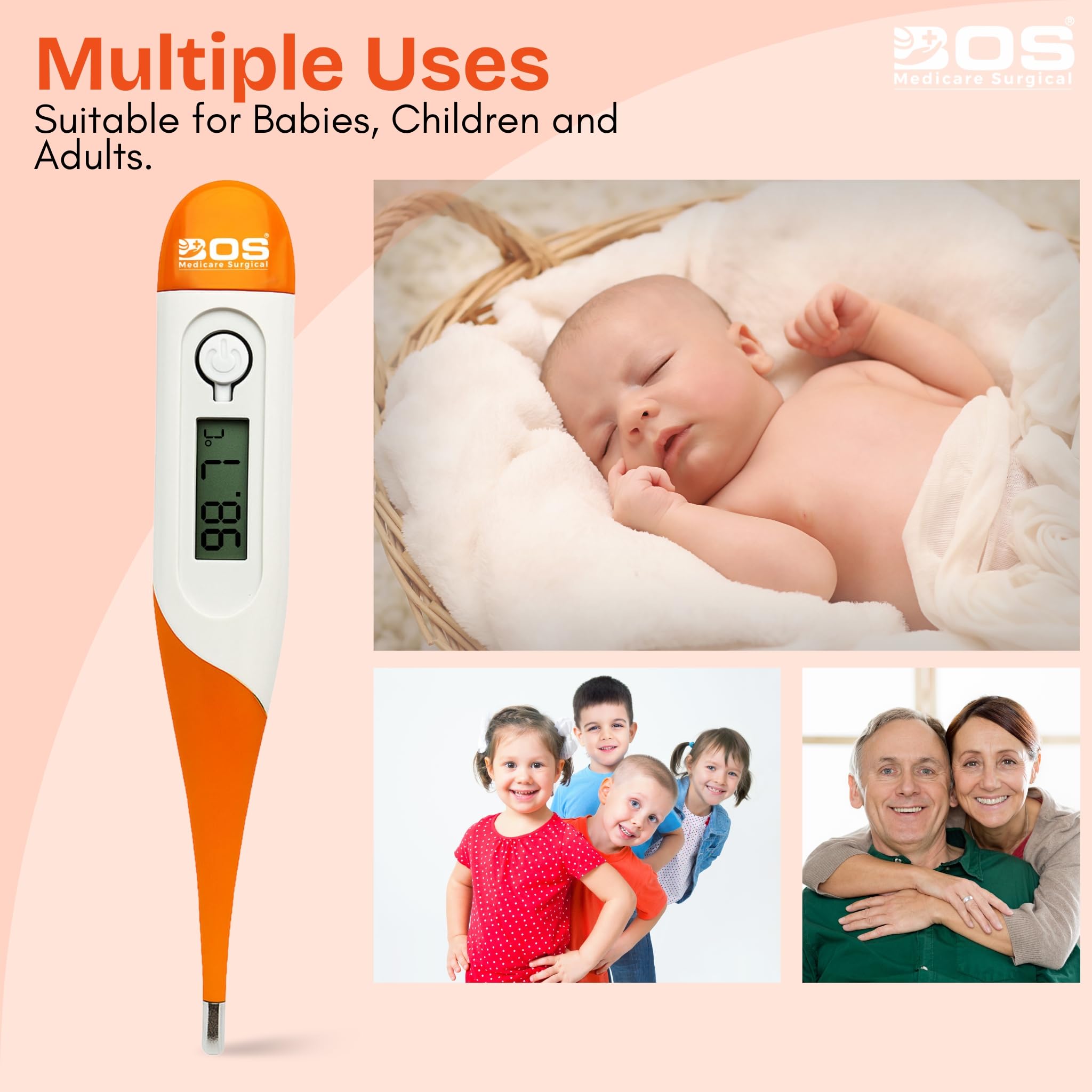 Bos Medicare Surgical Pack of 2 Digital Thermometers β Fast & Accurate Temperature Reading | Flexible Tip | Fever Alarm | Oral, Underarm & Rectal Use | Orange/White 3