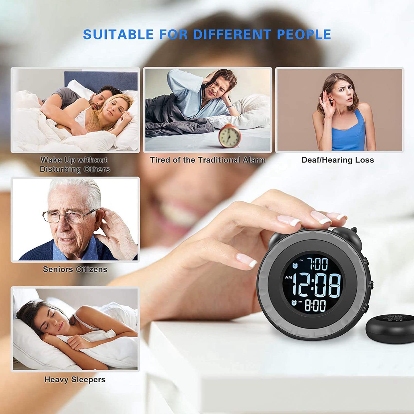 2X Reloj Despertador Doble Fuerte con Agitador de Cama, Reloj Despertador Vibratorio para Personas Que Duermen Mucho O Personas con Problemas de Audición, Puerto de Carga USB