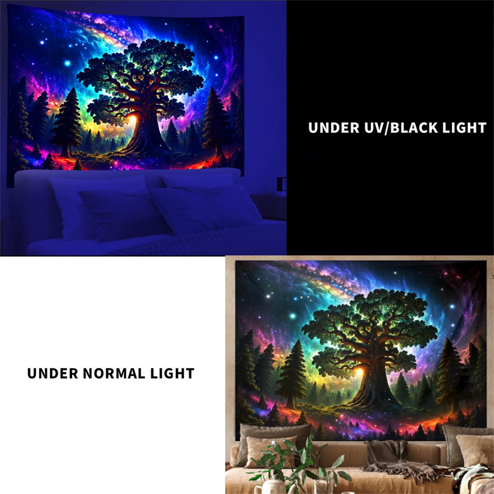 Arsey Schwarzlicht Wandteppich Wald Trippy UV-Reaktive Wandteppiche Hochkant Baum Sterne Galaxy Aesthetic Wandtücher Wandtuch Deko Wohnzimmer, Bunt, Groß 200x150cm