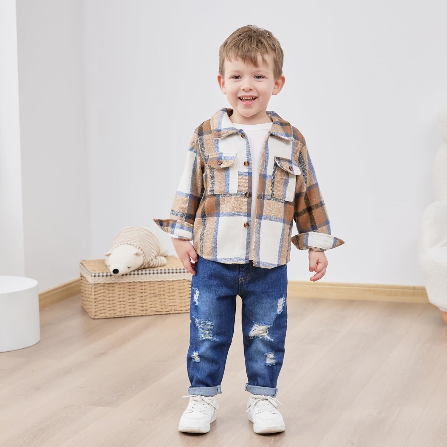 WESIDOM Toddler Boy Clothes Long Sleeve Collar Plaid Shirts Jacket Ribbed Jeans Pants Sets 1-6T Boys Fall Outfits - Image 3