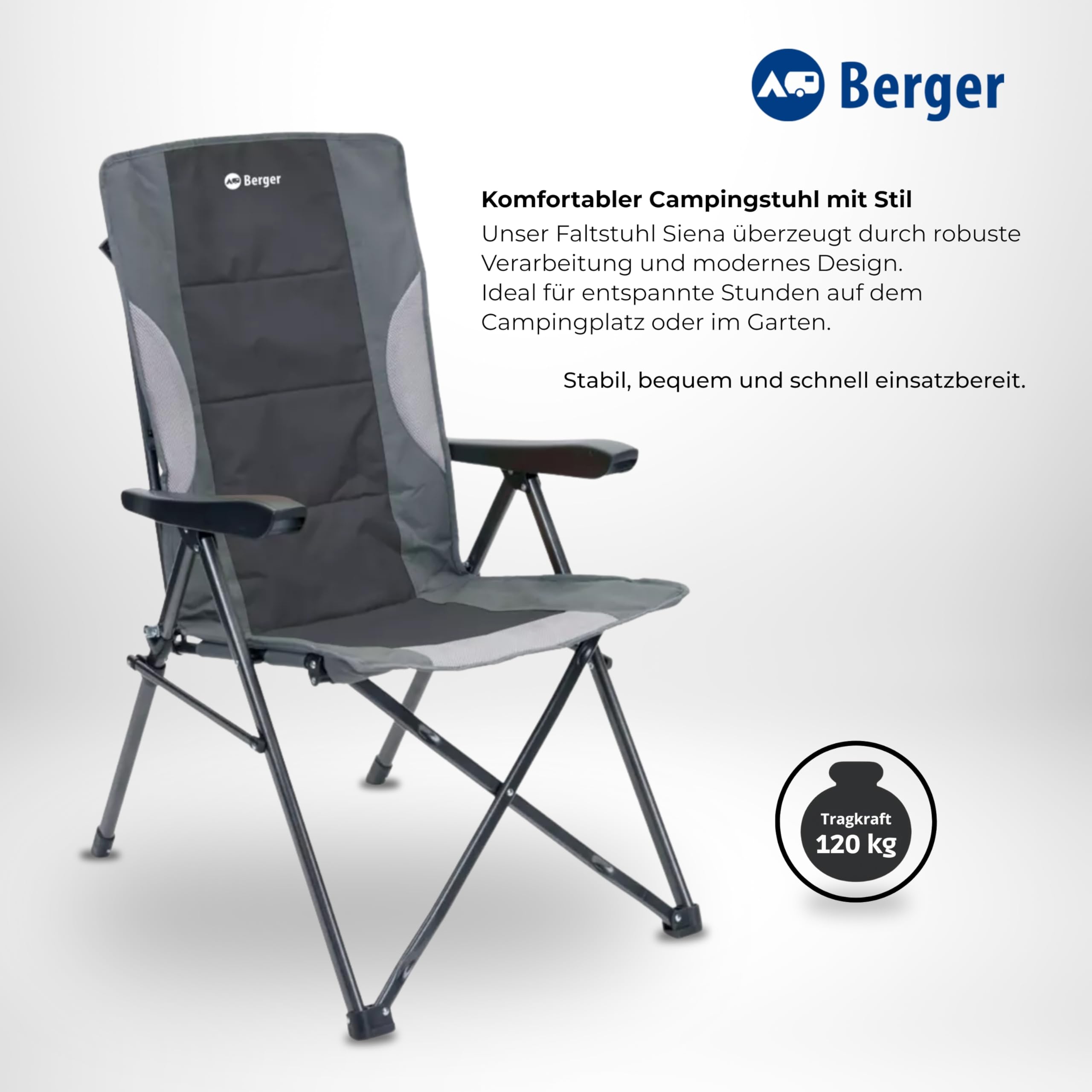 campingstuhl faltbar test BERGER Siena Faltstuhl | mit 3-Fach Verstellbarer Rückenlehne & robuster Armlehne Color:Silver-Black-OB-A Kurzfinger A campsite with a