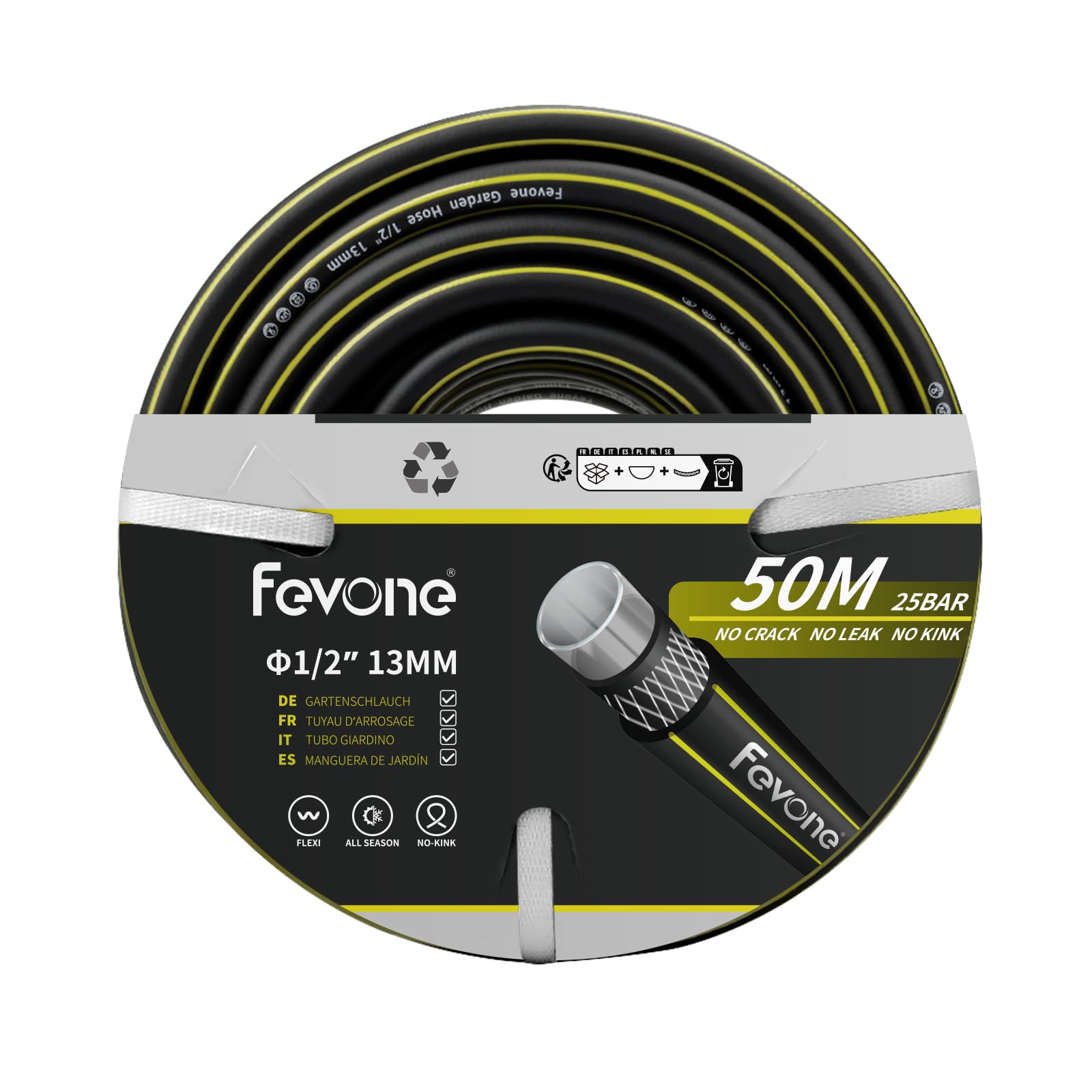 Fevone Tubo da giardino 50 metri 1/2 pollice (13mm) Tubo per giardino 4 layer 25 Bar ad alta resistenza portatile all'aperto Flessibile robusto con protezione antipiega Nero/Giallo