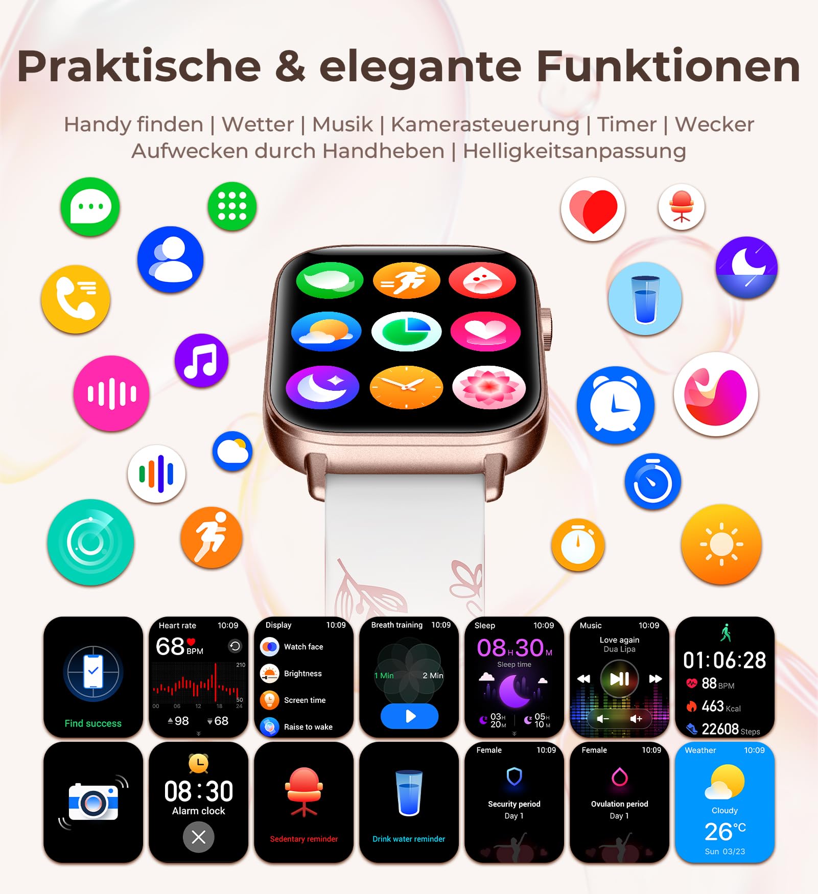Iaret Smartwatch Damen, 4 Armbänder + 2 Charms, 1,83" HD Touchscreen Armbanduhr, Bluetooth Anrufe, 100+ Sportmodi Fitness Tracker, Schrittzähler/SpO2/Schlaf/Menstruation, iOS/Android, Weiß