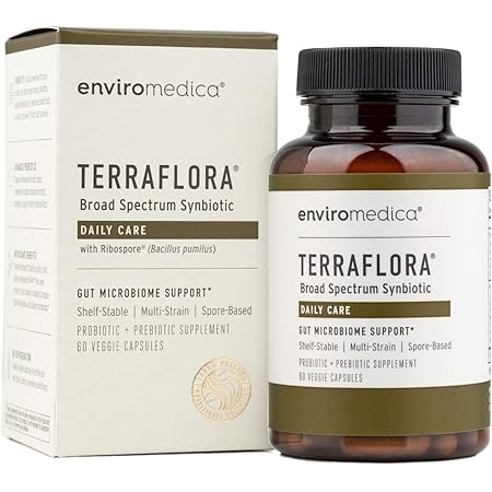 Terraflora Daily Care synbiotic of probiotics and prebiotics for women and men 60 ct, soil based, shelf stable, allergen friendly spore based supplement capsules promote gut health by Enviromedica