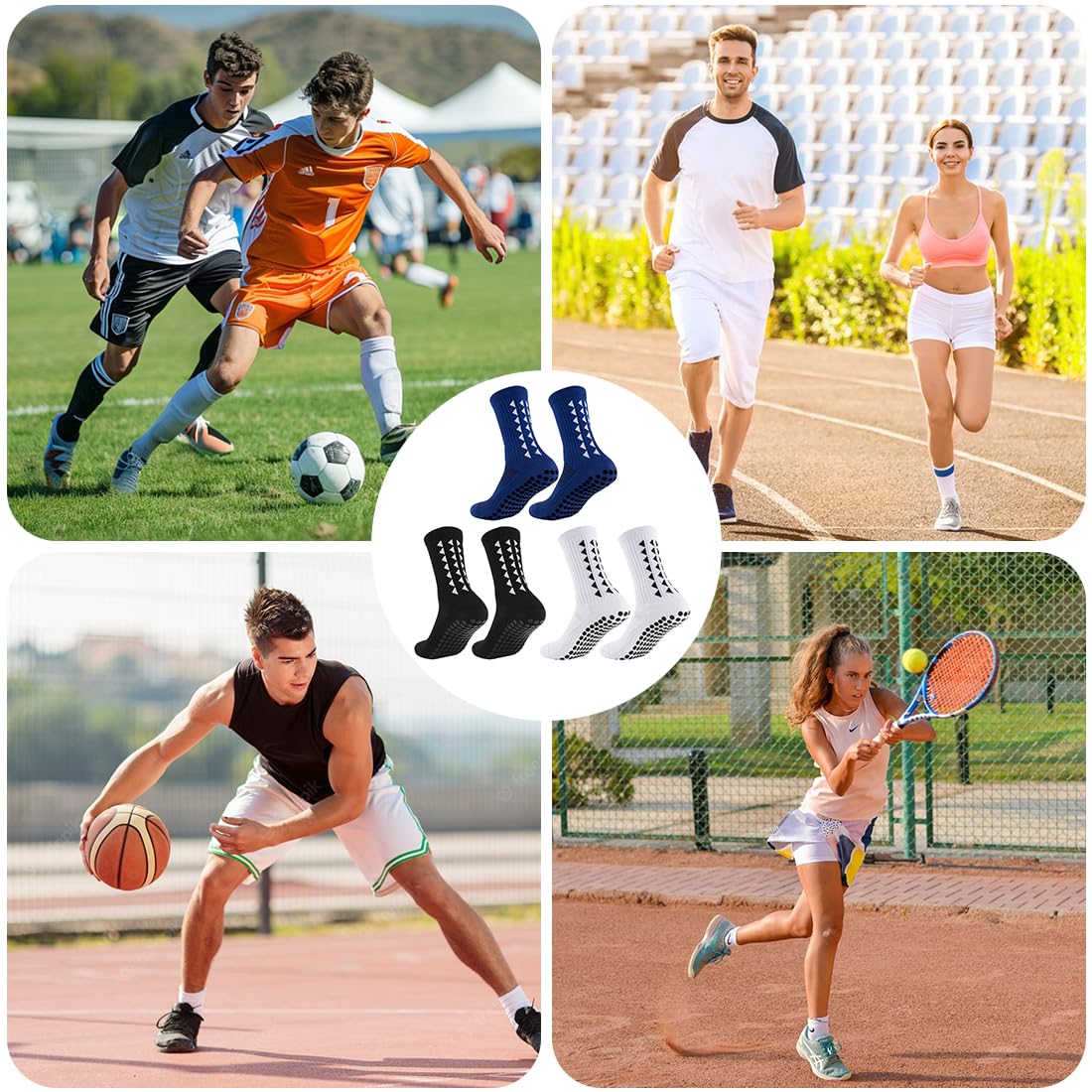 Gain The Edge Grip, 3 paia di calzini da calcio per uomini, donne e bambini, antiscivolo, con supporto per arco plantare migliorato, per calcio, rugby, basket, corsa, yoga (nero, bianco, blu)