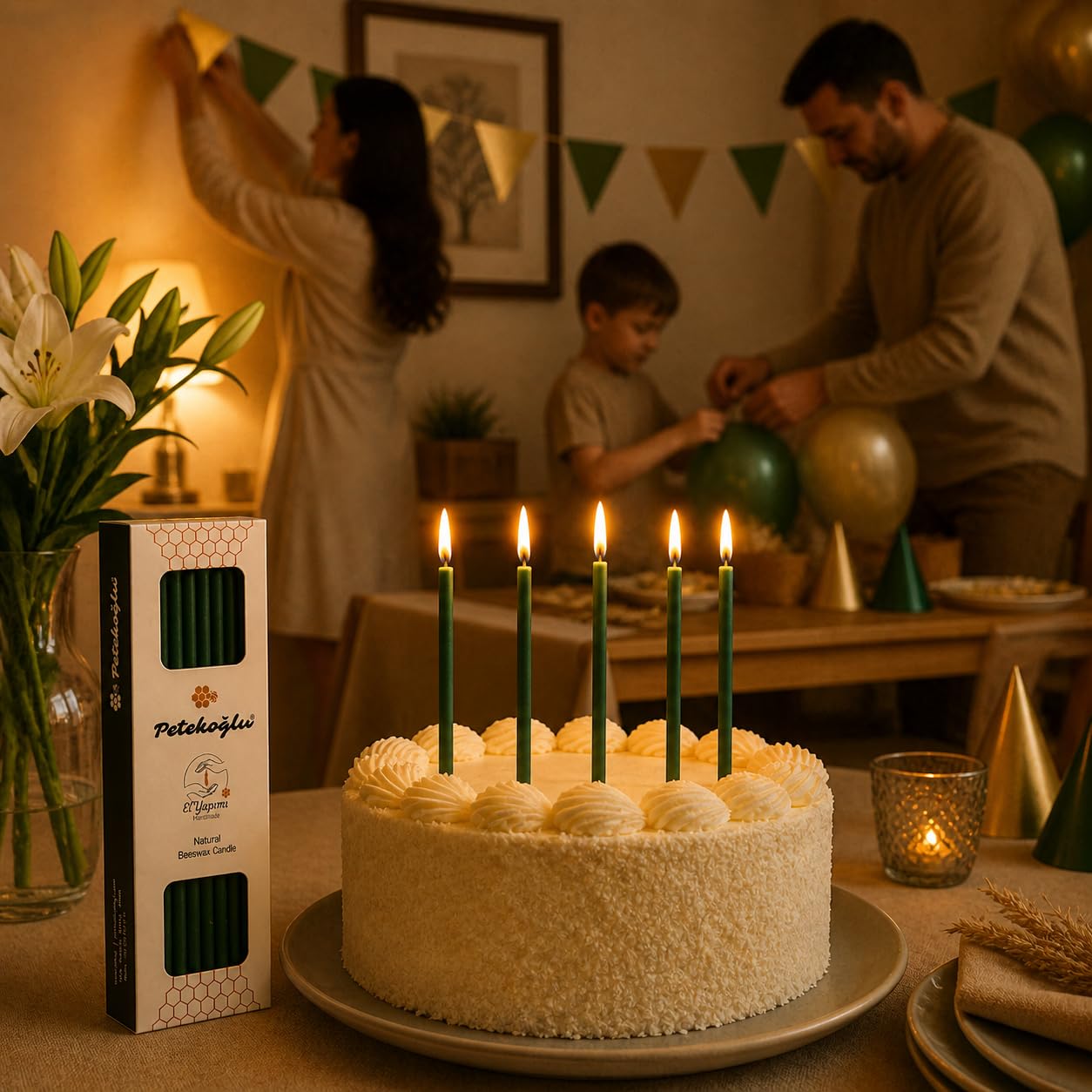 Petekoğlu 40 velas verdes de cera de abeja pura, sin goteo, sin humo, altas, finas velas decorativas para oración de iglesia, decoración o velas de cumpleaños, velas perfumadas a miel