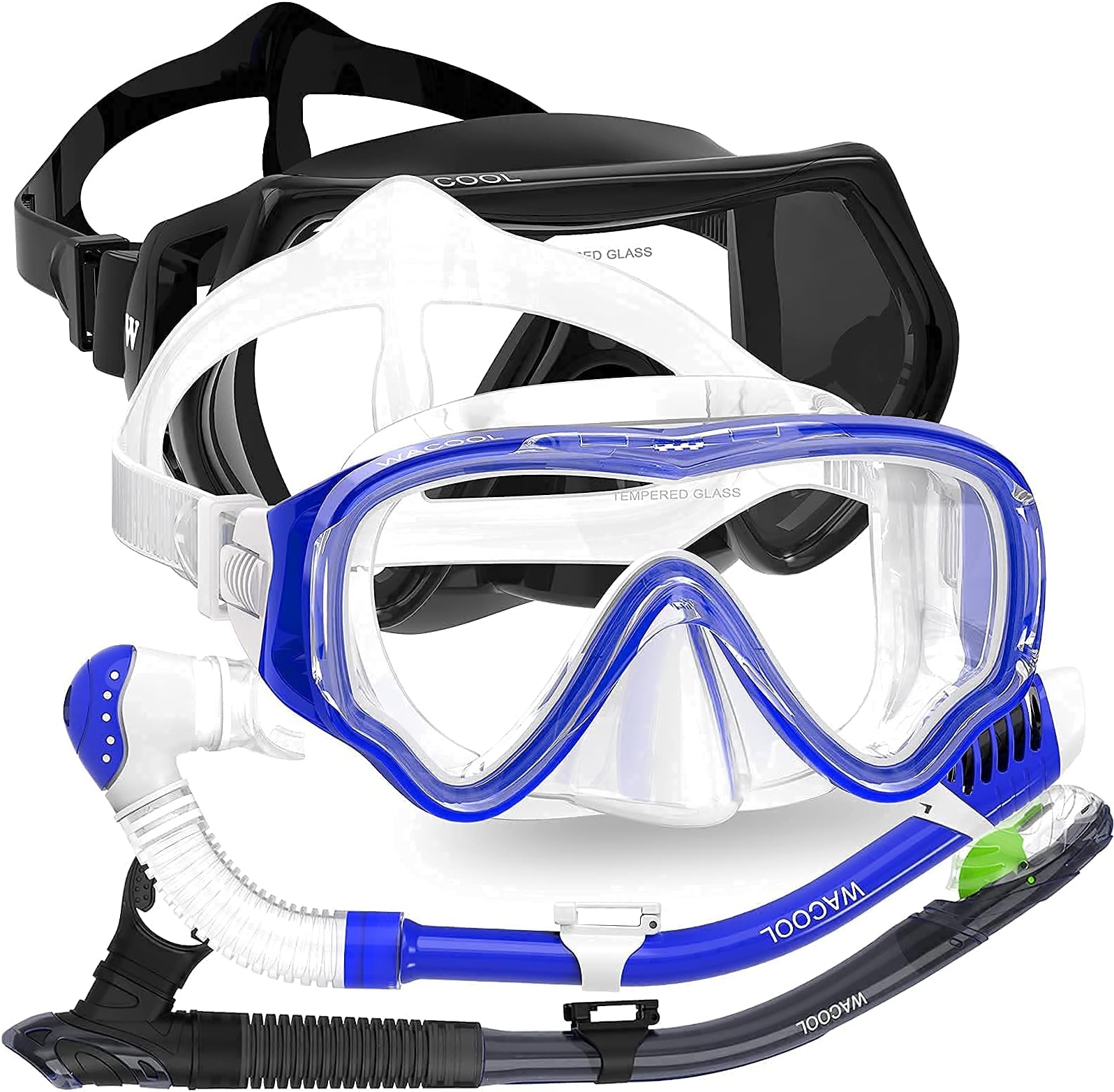 WACOOLProfessional Adult (Black) and Kids (DarkBlue) Snorkeling Set Swimming Gear Anti-Fog Coated Glass with Silicon Mouth Piece Purge Valve and Anti-Splash