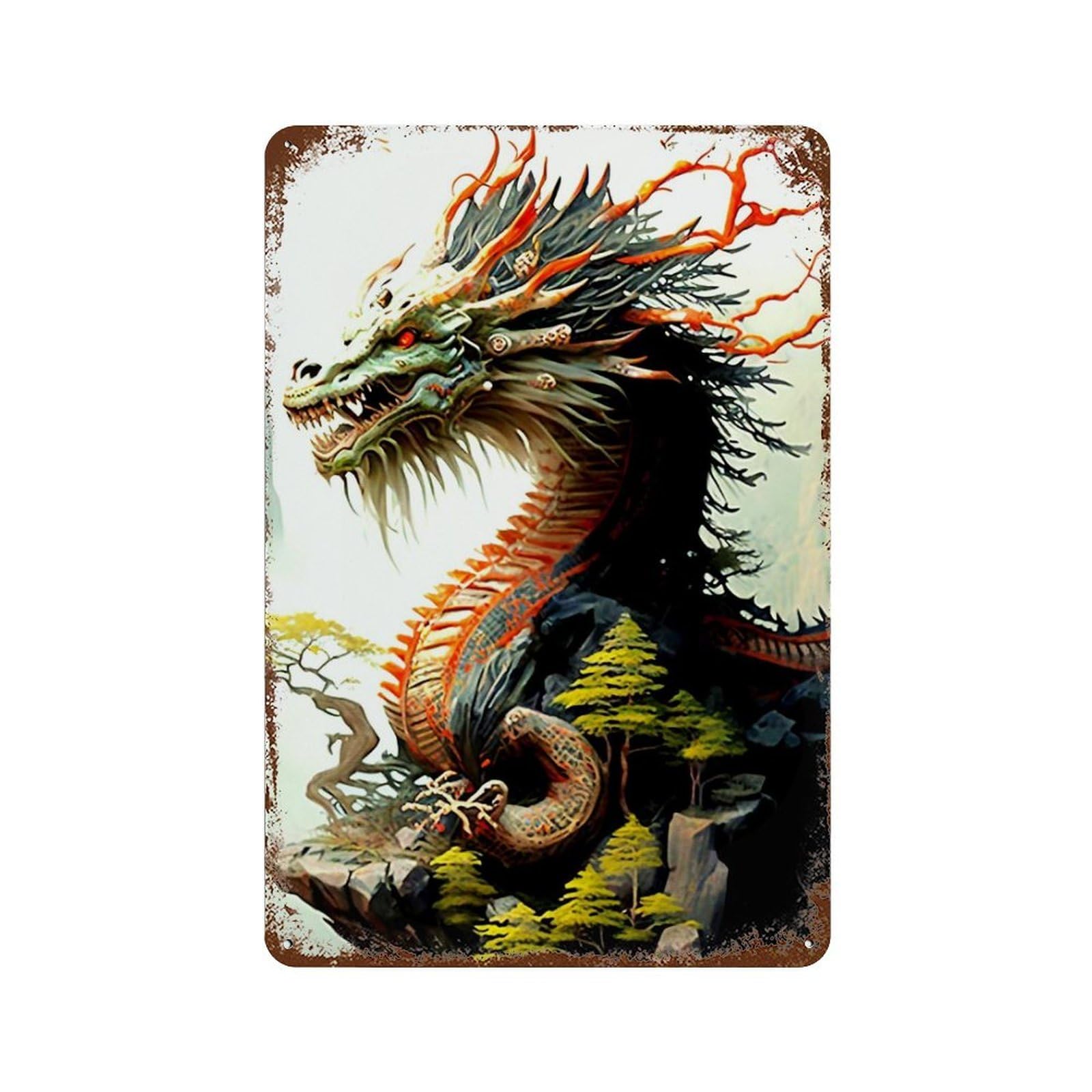 Vintage Metal Tin Sign Dragon 11.8"x7.9", Classic Wall Plaque for Pub, Kitchen And Man Cave Decor
