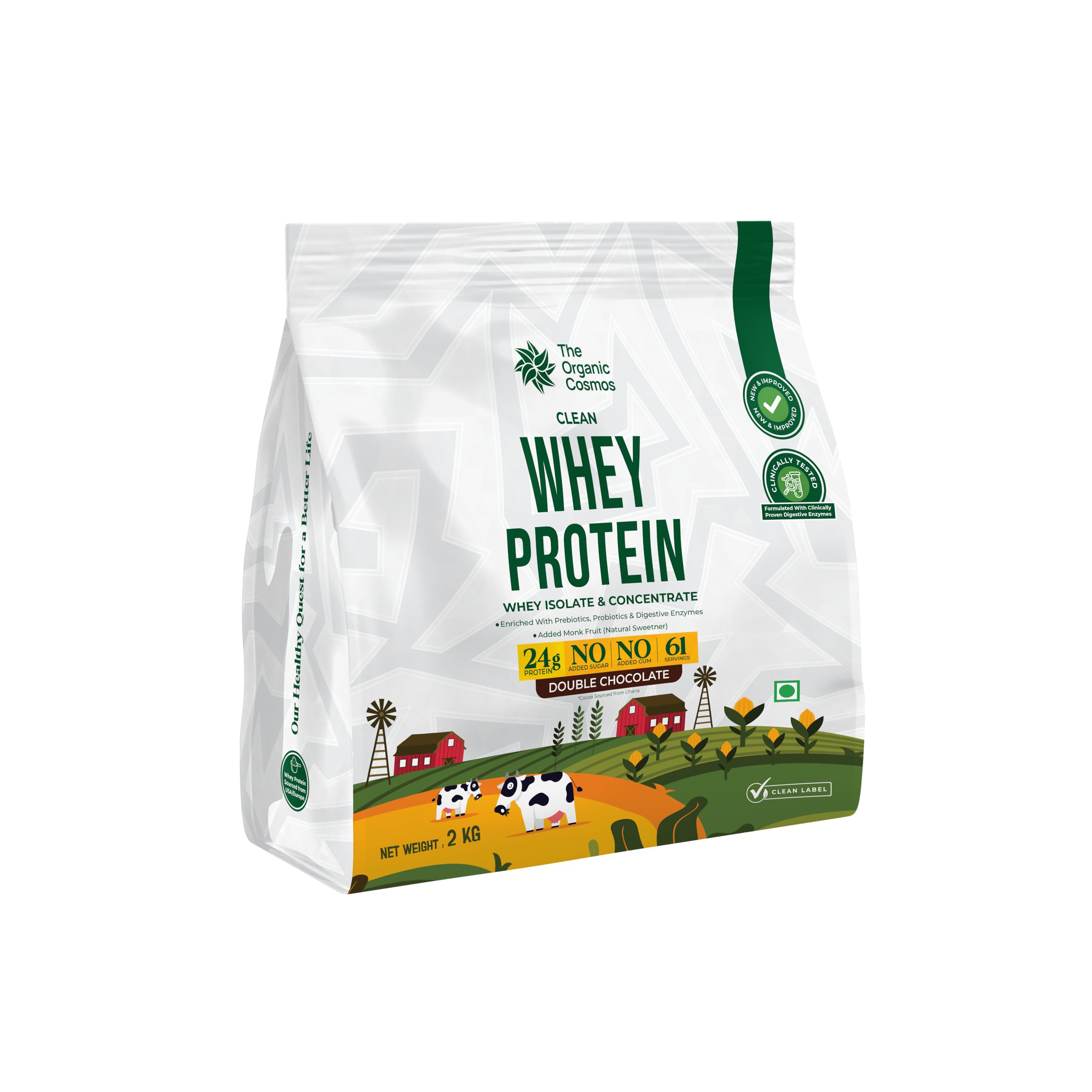 Clean Whey Protein | 24g Protein with Probiotics & Enzymes | Whey Isolate & Concentrate | No Added Sugar | 100% Clean Label for Better Absorption & Gut Health | (2KG, DOUBLE CHOCOLATE)-image-26