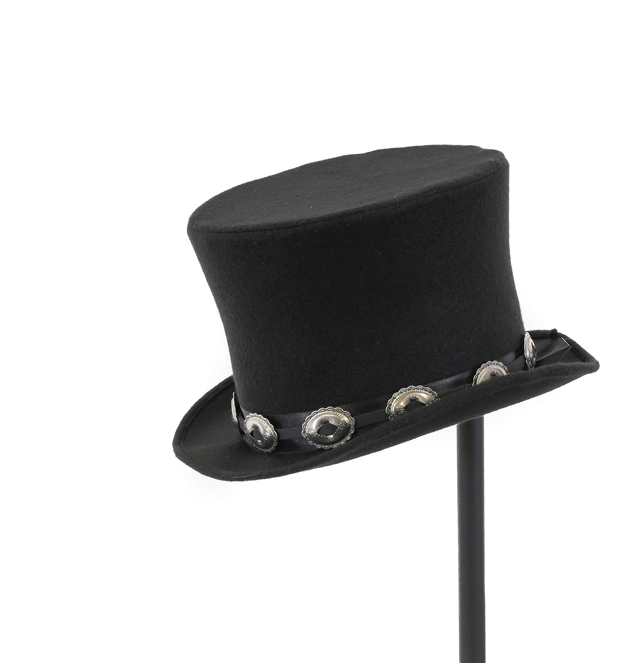 Wool Felt Top Hat Leather Small Oval Concho Band Topper Mid Crown Opera Rocker Mad Hatter Classic Hat Black