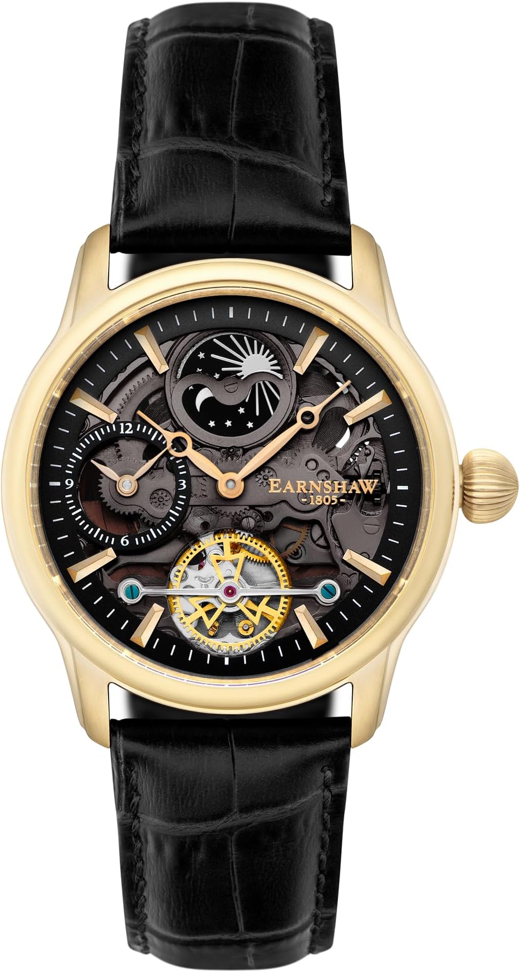 Mens 44mm Longitude Dual Time Automatic Skeleton Watch with Genuine Leather Strap ES-8063
