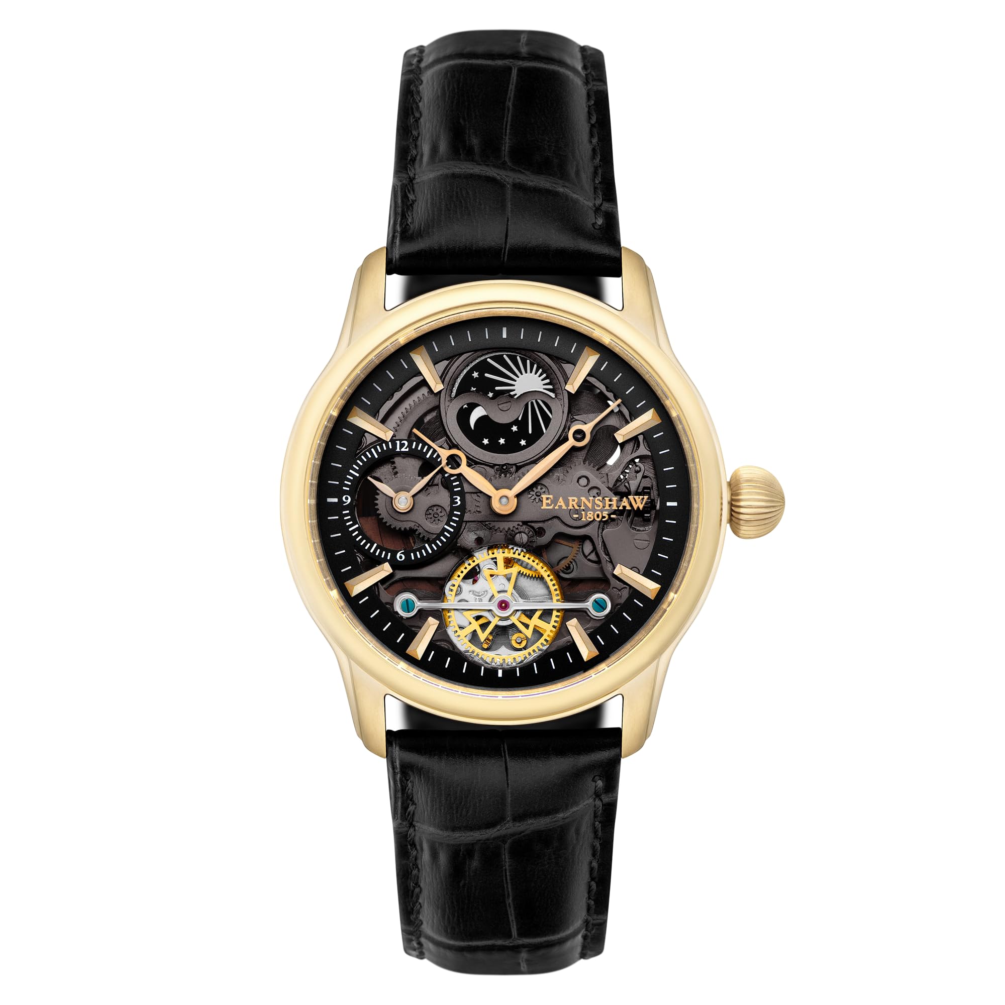 – Mens 44mm Longitude Dual Time Automatic Skeleton Watch with Genuine Leather Strap ES-8063