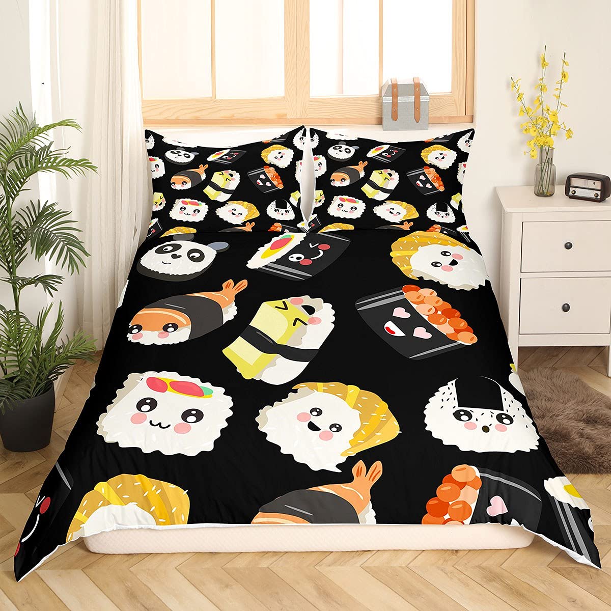 Juego de funda de edredón de sushi súper King, juego de ropa de cama de sushi kawaii con dibujos animados de dibujos animados de estilo japonés, juego de funda de edredón con estampado de alimentos