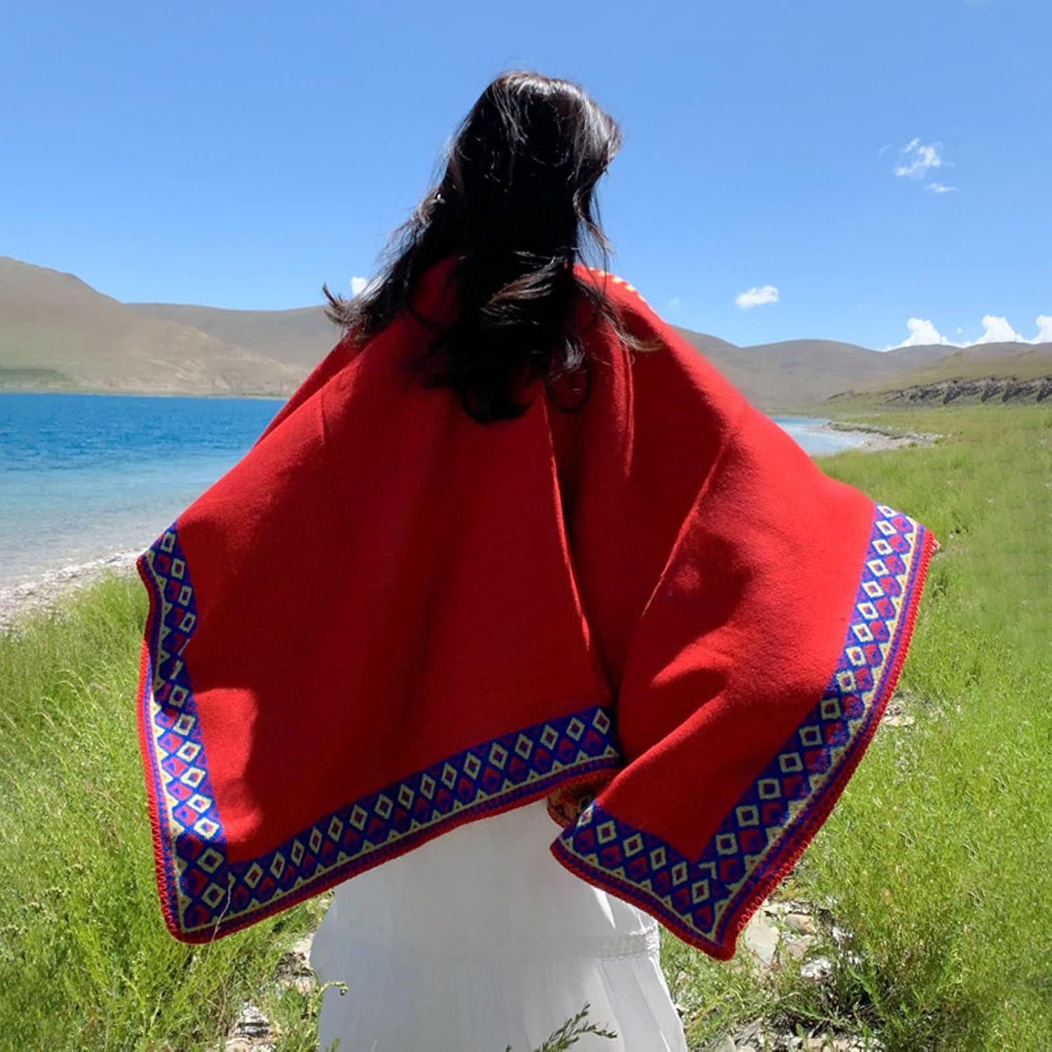 Chinese ethnic style shawl, women's large Pashmina shawl, women's striped diamond checkered color matching scarf shawl