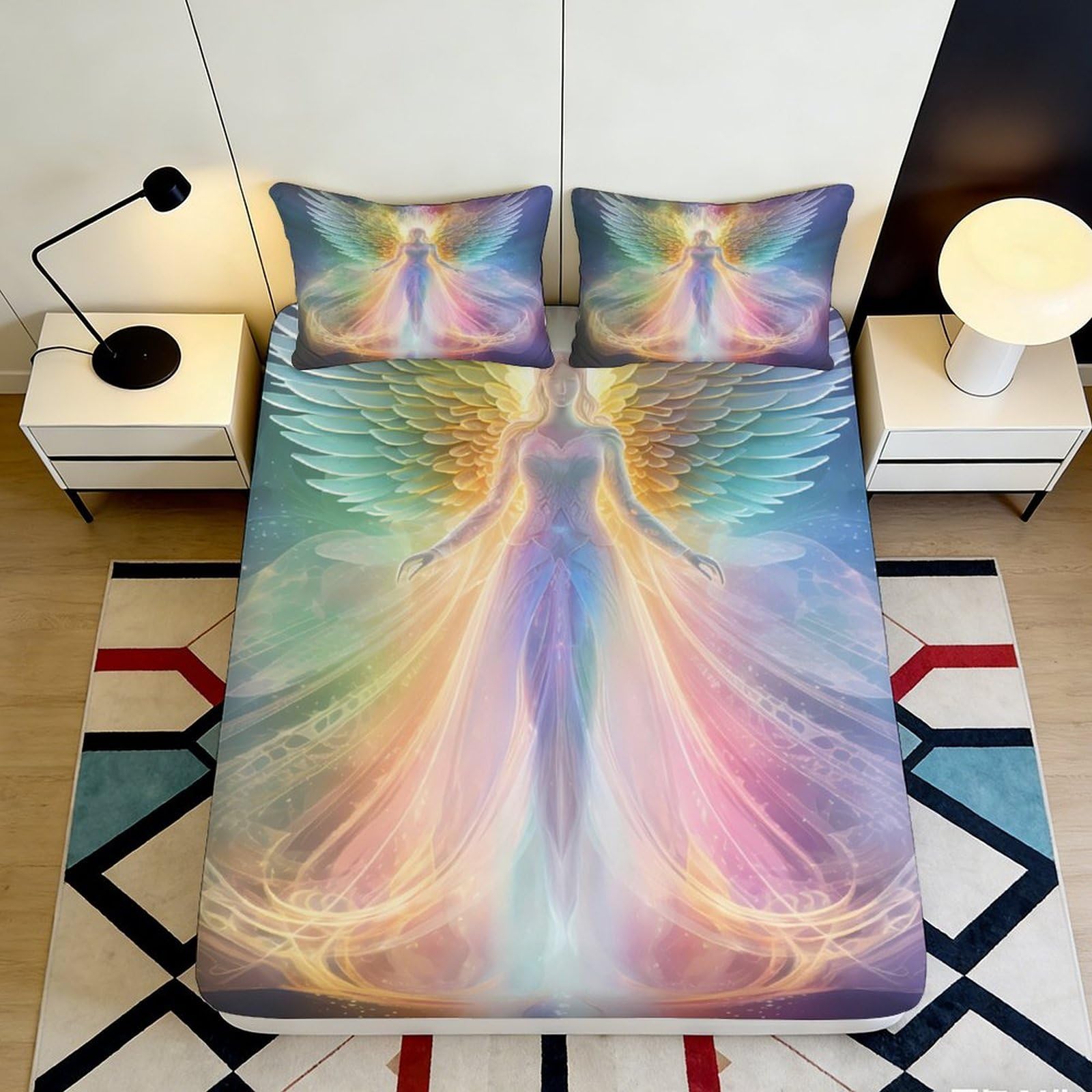 3D Printed Angel Wings Fitted Sheet Microfiber Pastel Rainbow Mattress Cover Soft Washable for Bedroom Decor 90x200x25cm