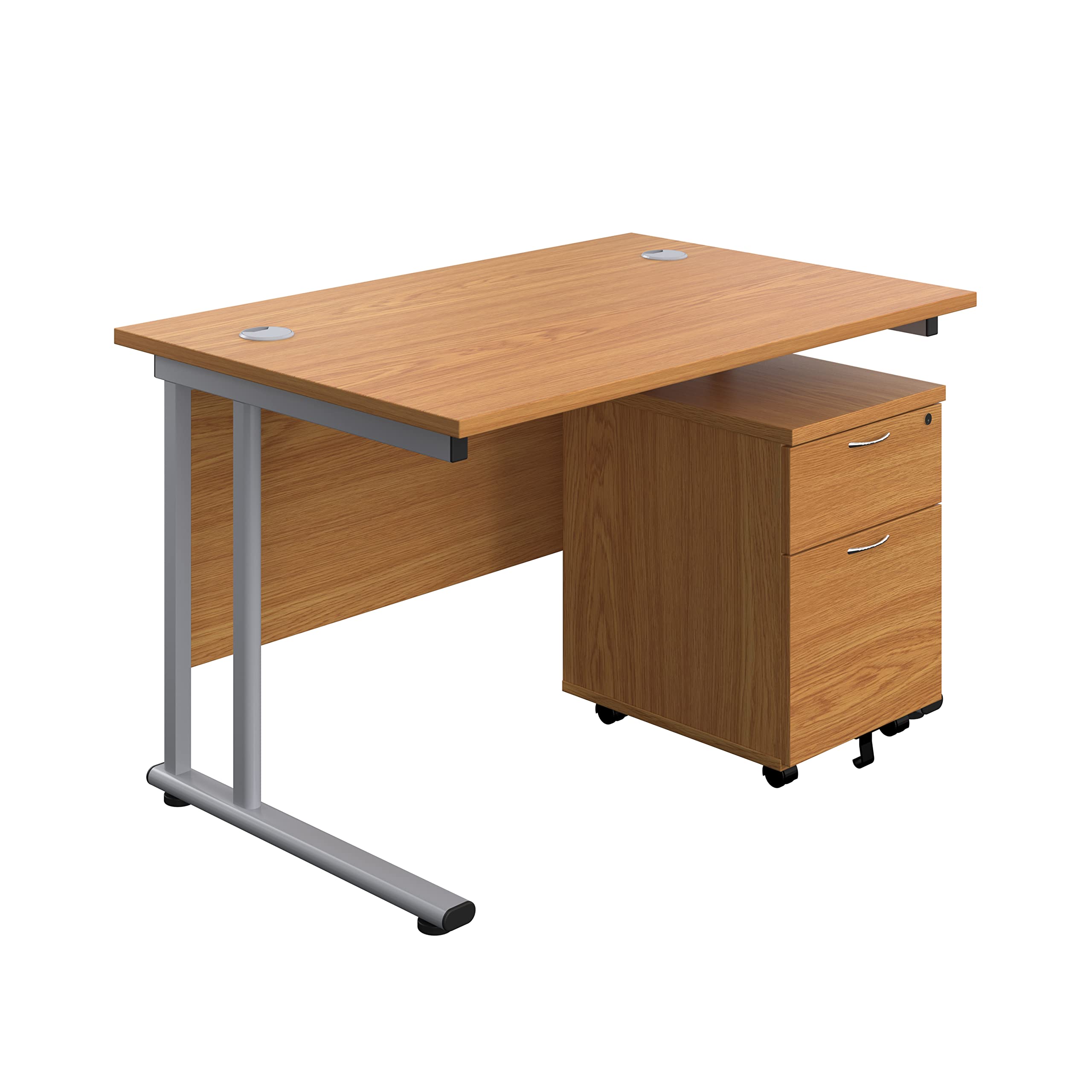 Office Hippo Professional Cantilever Office Desk With 2 Drawer Mobile Pedestal, Wood, Oak, Silver Frame, 120 x 80 x 73 cm
