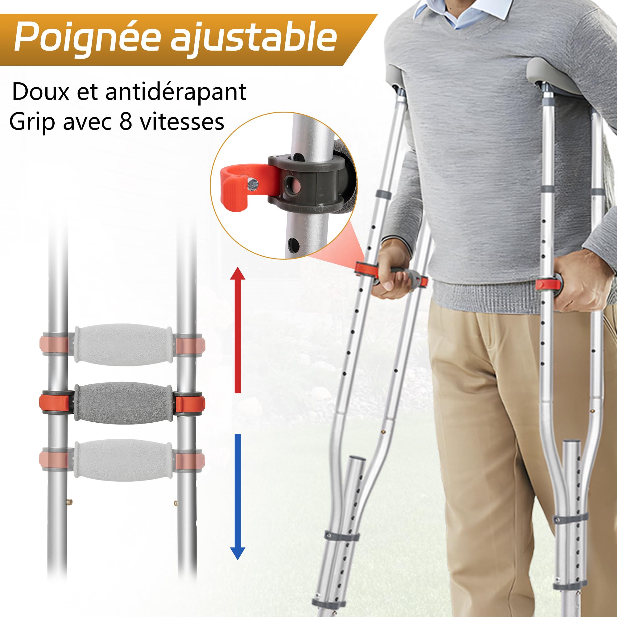 OUUTMEE Béquilles sous Aisselle Pliables en Aluminium, Paire, Jusqu'à 150KG | Réglable en Hauteur: 98~158CM, Appui Axillaire Léger, Pour Marche, Blessures et Rééducation