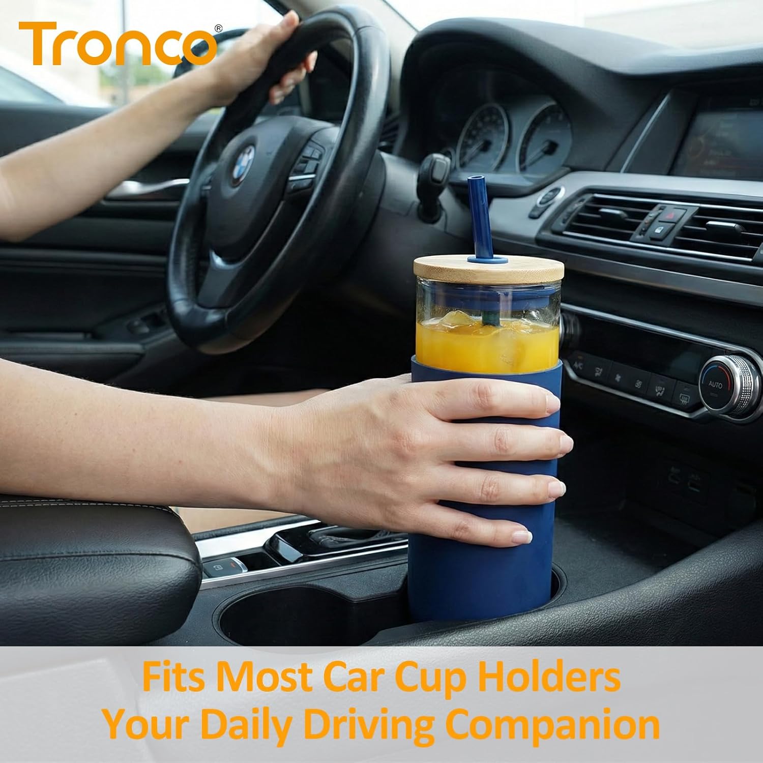 Tronco® 16 oz Glass Tumbler with Lids and Straw, Reusable Iced Coffee Cup & Smoothie Cup with Bamboo Lid, Silicone Sleeve, Dishwasher Safe, BPA-Free Borosilicate Glass, 1 Pack - Image 4