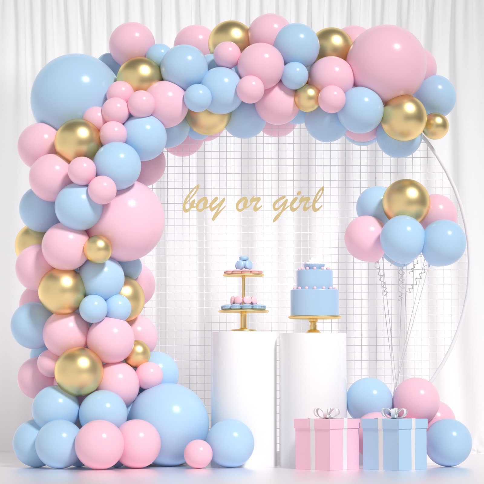 110Pcs DIY Gender Reveal Balloons Arch Pink and Blue Gender Reveal Balloons Garland Kit with Metallic Gold Balloons Gender Reveal Decorations for He She Boy Girl Party Supplies Gender Reveal Balloons