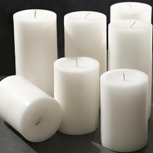 Velas de pilar blancas de 2.8 x 4, paquete de 6, velas de pilar sin perfume a granel, velas de pilar de combustión largas y limpias, sin humo, velas