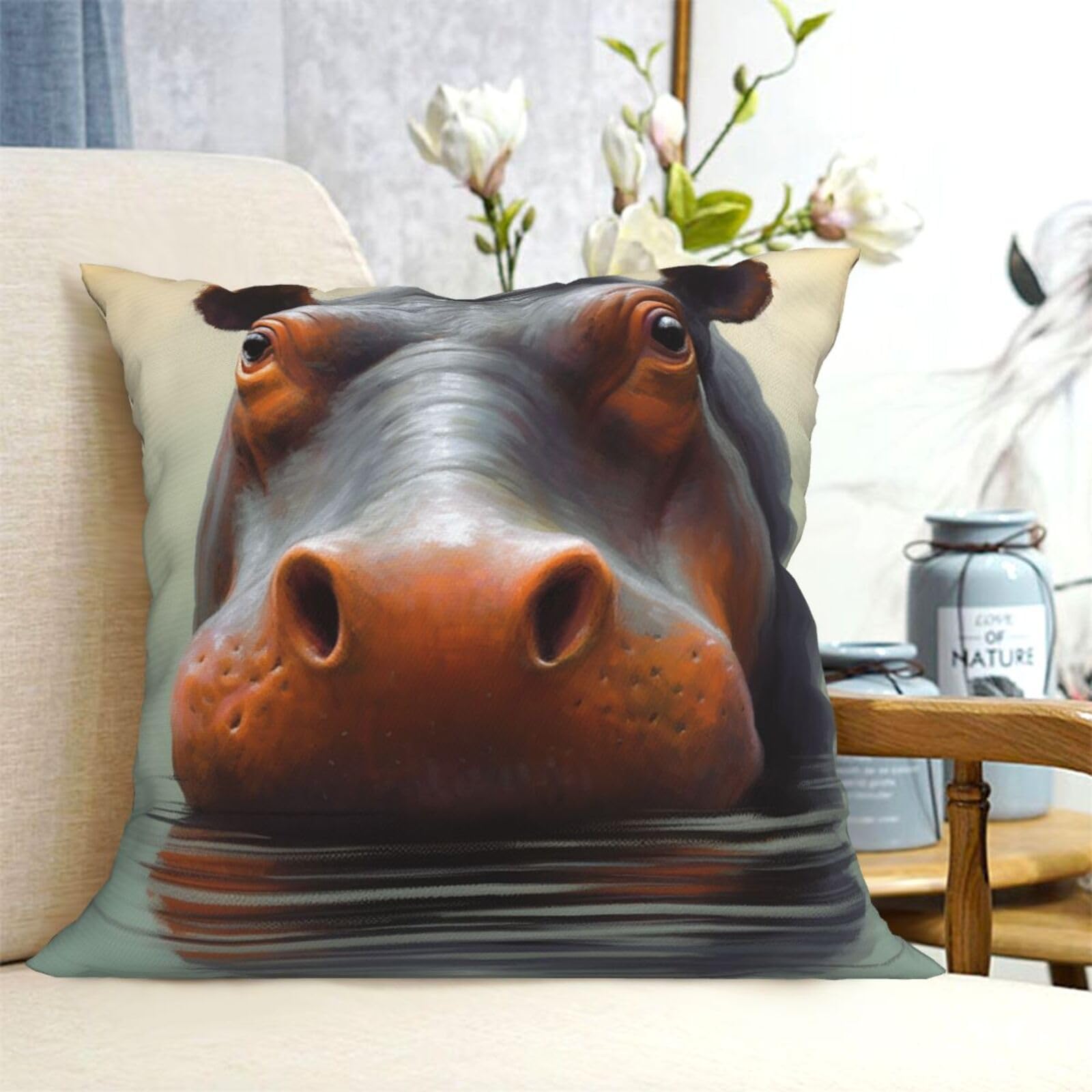 Fodpand Black Decorative Throw Pillow Covers 16"X16" Hippo Cushion Cases Square Modern Farmhouse Pillow Cases Soft Cozy Cushion Covers For Couch Sofa Bedroom Home Decor Pillowcase