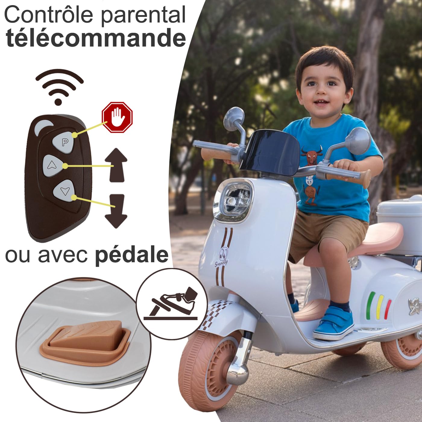 Twinly - Scooter électrique pour enfants avec chargeur, accélérateur à pédale et fonctionnalité USB, lumière et MP3 Bluetooth (Rose)