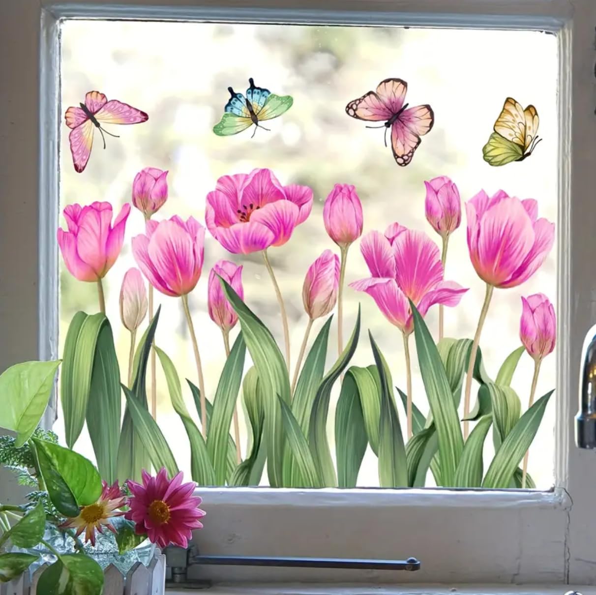 WandSticker4U®- Pegatinas ventanas primavera flores TULIPANES rosa (58x45 cm) I Vinilo ventanas flores mariposas I Decoración ventana salón dormitorio infantil cocina baño verano (no adhesivo)