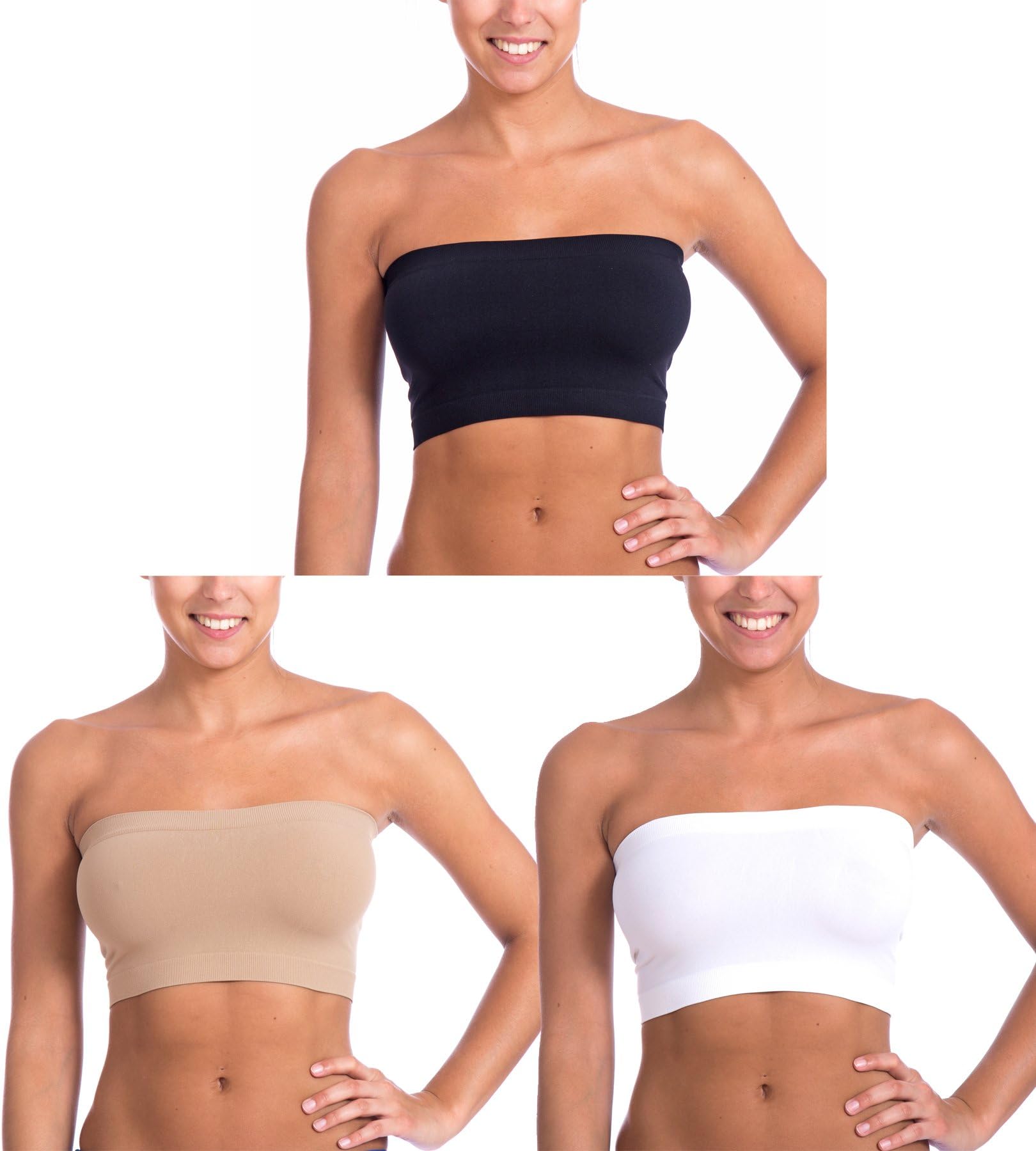 Womens Stretch Seamless Tube Top Bandeau Bra by Level 33 (3 Pack Black White Nude), One Size