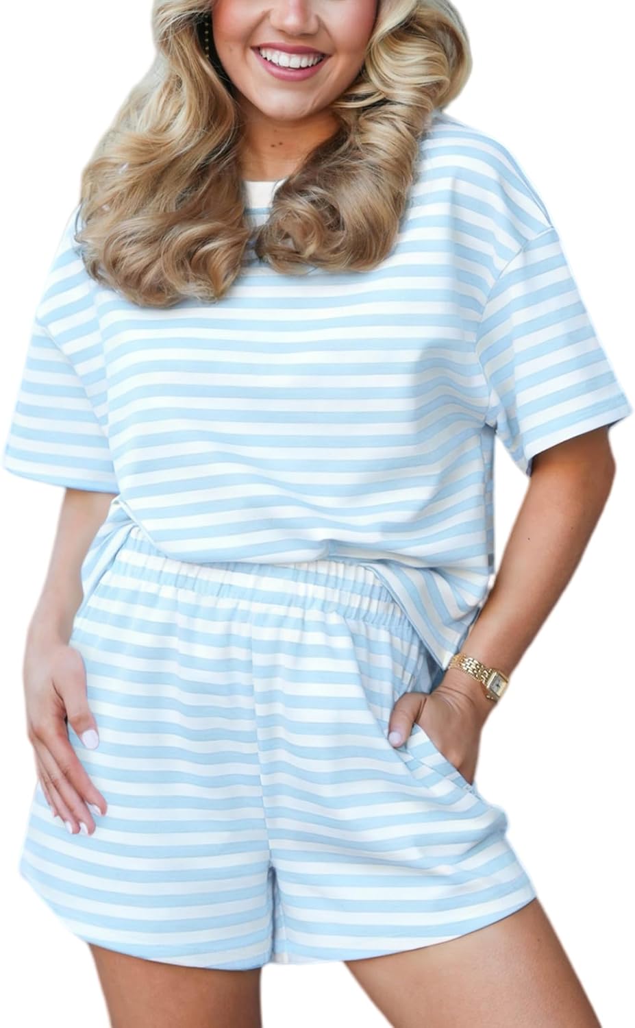Women's 2 Piece Outfits Striped Short Sleeve T-Shirt and Elastic Waist Shorts Set Casual Loungewear Tracksuit