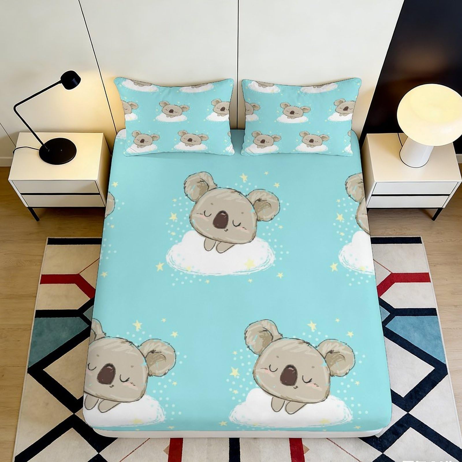 3D Printed Koala Cloud Fitted Sheet Microfiber Soft Breathable Cartoon Animal Bed Sheet for Bedroom Guest Room Decor 90x200x25cm