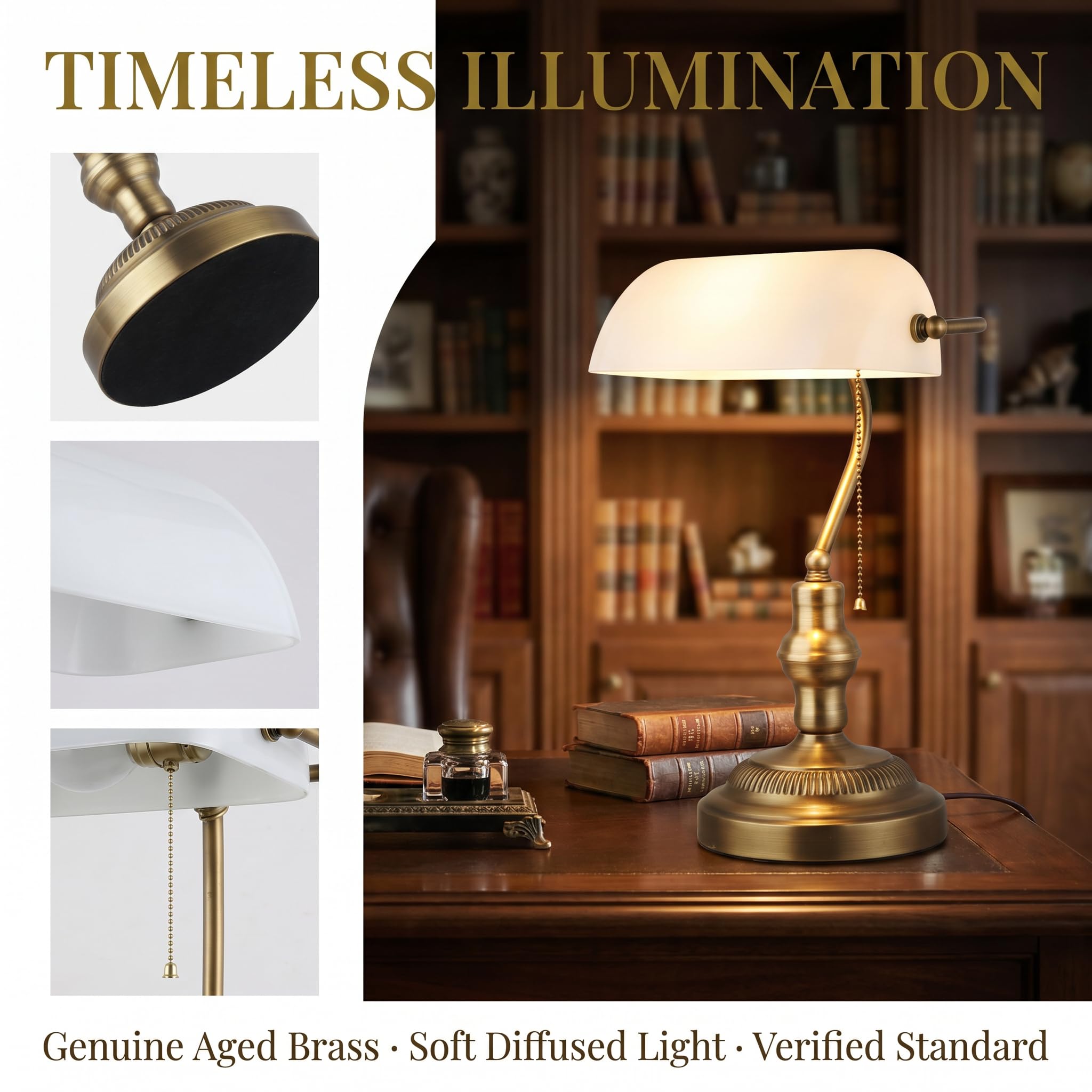 BARCELONA LED Tischlampe Vintage BANKIER E27 – Retro Schreibtischlampe mit weißem Glasschirm, Metallfuß in Messing/Chrom/Nickel, Ideal für Büro, Arbeitszimmer, Wohnzimmer und Restaurant